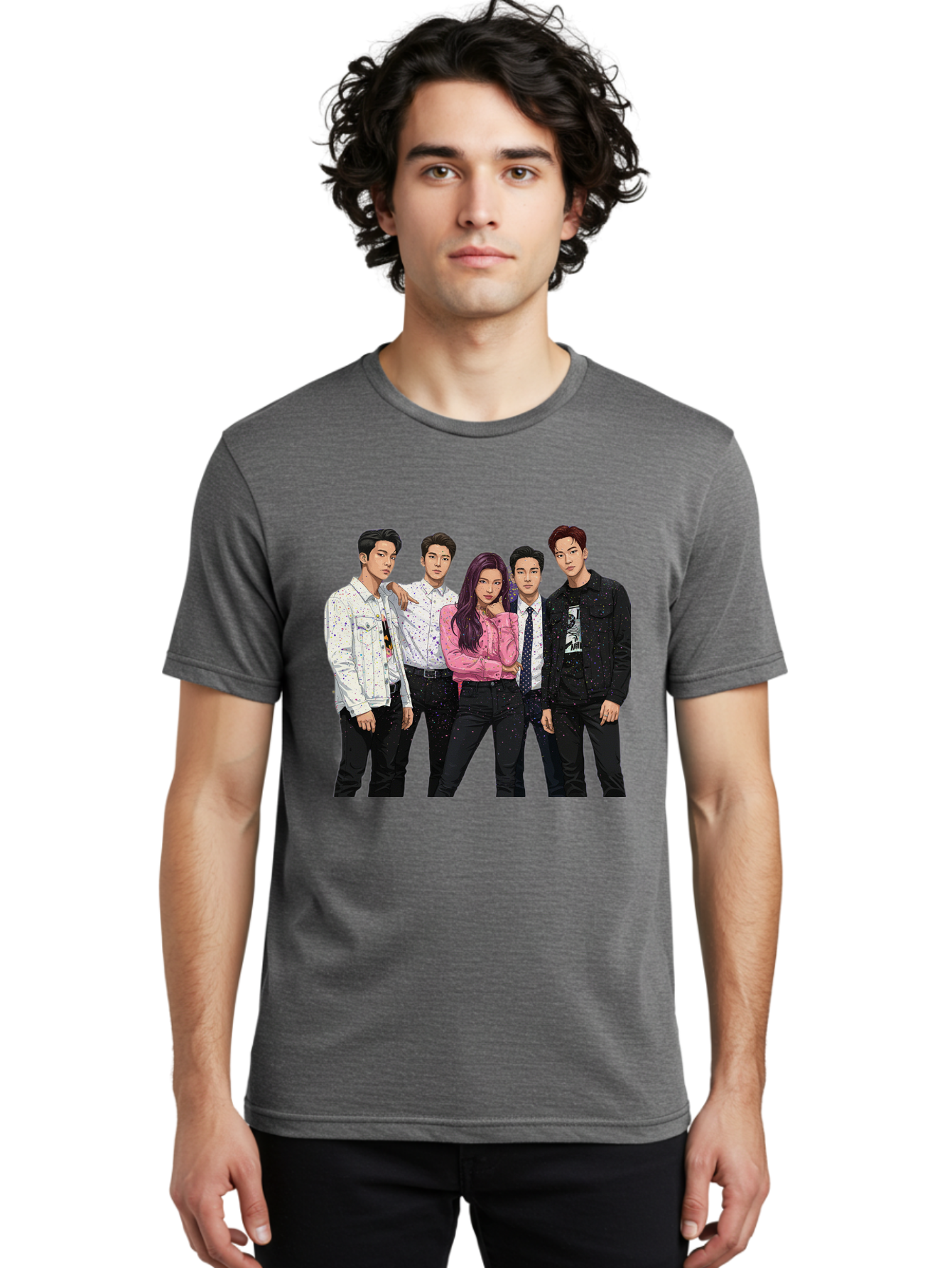 Five-People Men'S Graphic Tee, 100% Cotton, Comfortable Casual Summer Wear, Machine Washable, Group Of Young Adults, Casual Fashion, Streetwear Style, Pink Shirt, White Shirts, Black Pants, Denim Jackets, K-Pop Fashion Bab907