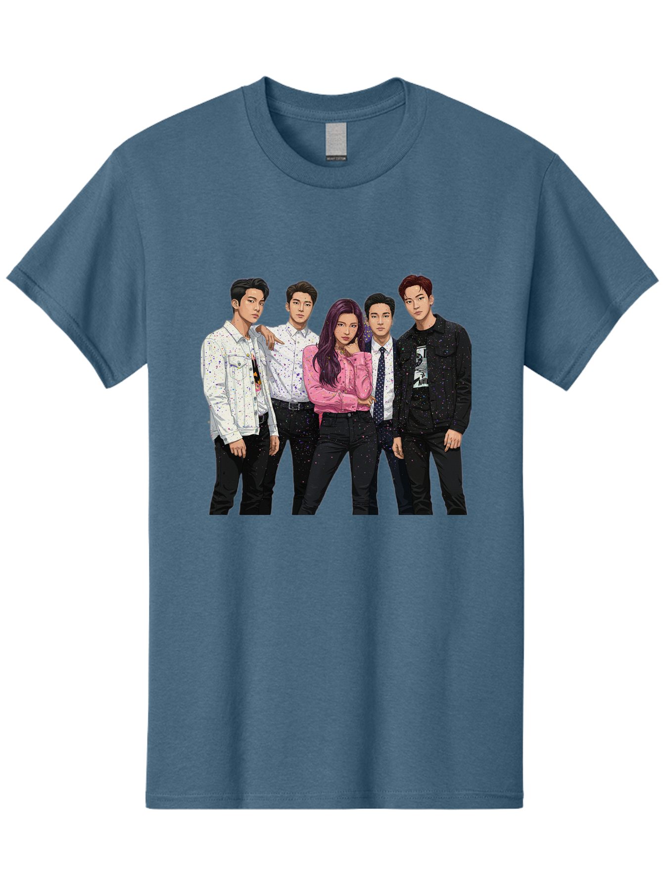 Five-People Men'S Graphic Tee, 100% Cotton, Comfortable Casual Summer Wear, Machine Washable, Group Of Young Adults, Casual Fashion, Streetwear Style, Pink Shirt, White Shirts, Black Pants, Denim Jackets, K-Pop Fashion Bab907
