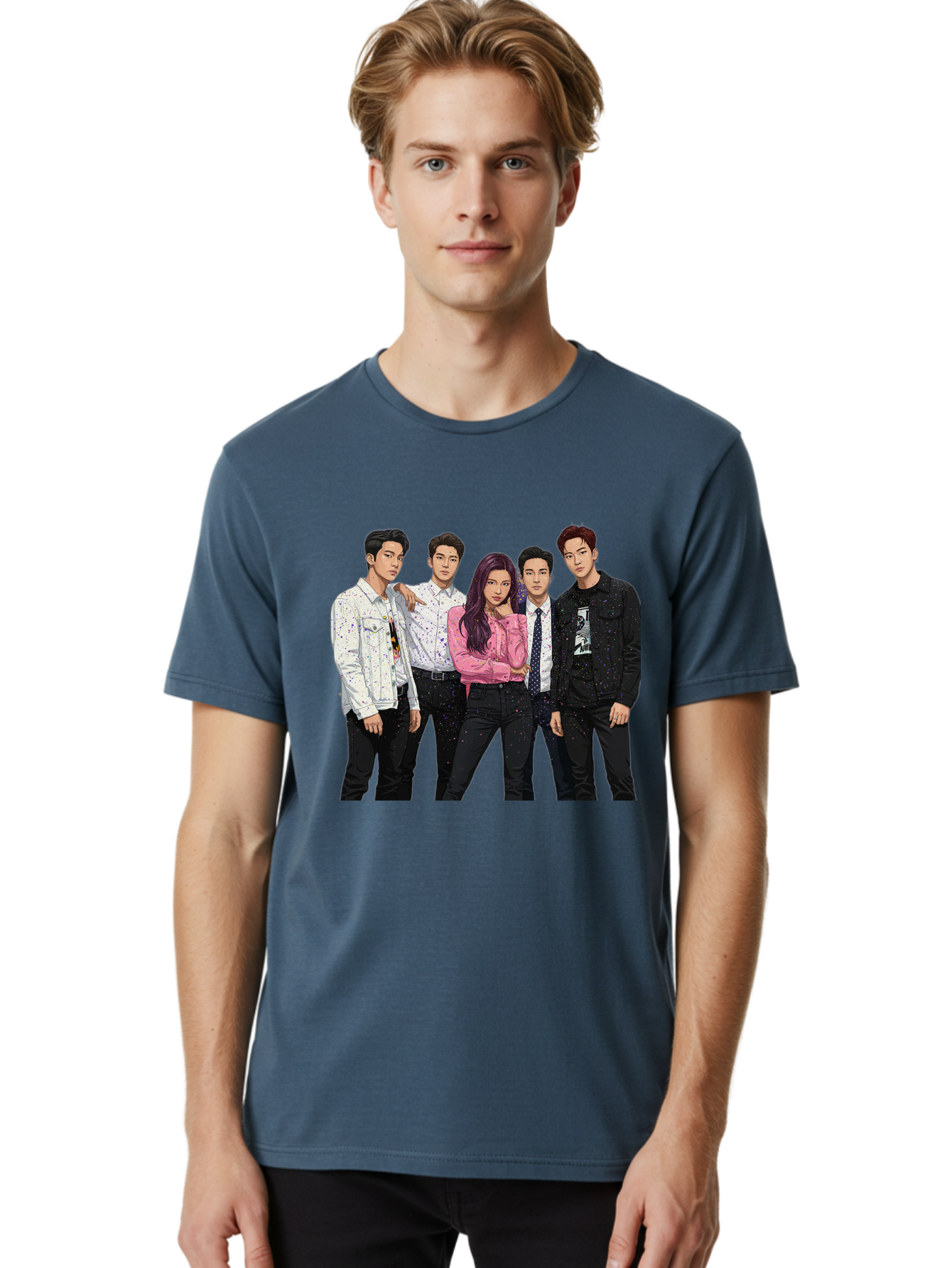 Five-People Men'S Graphic Tee, 100% Cotton, Comfortable Casual Summer Wear, Machine Washable, Group Of Young Adults, Casual Fashion, Streetwear Style, Pink Shirt, White Shirts, Black Pants, Denim Jackets, K-Pop Fashion Bab907