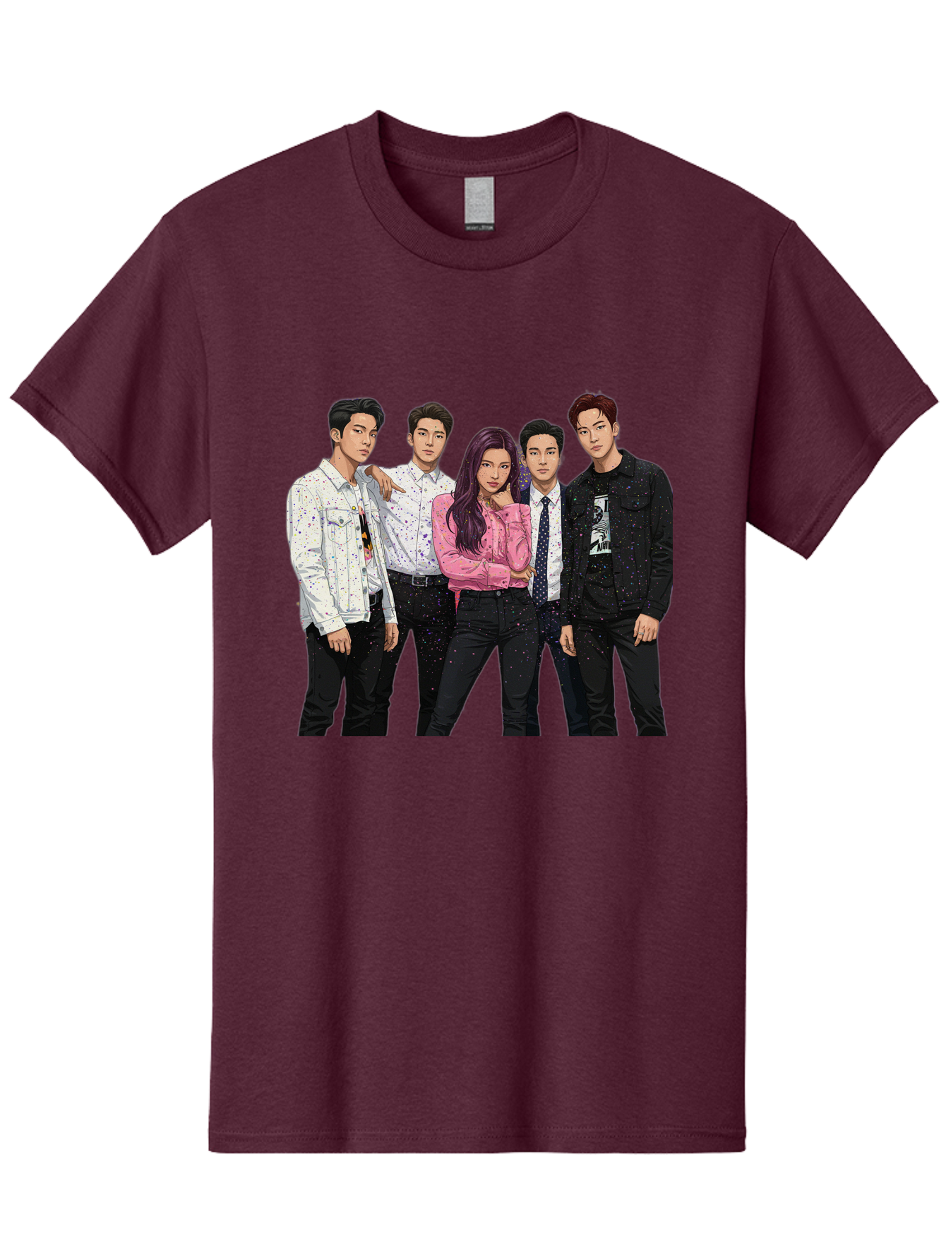 Five-People Men'S Graphic Tee, 100% Cotton, Comfortable Casual Summer Wear, Machine Washable, Group Of Young Adults, Casual Fashion, Streetwear Style, Pink Shirt, White Shirts, Black Pants, Denim Jackets, K-Pop Fashion Bab907
