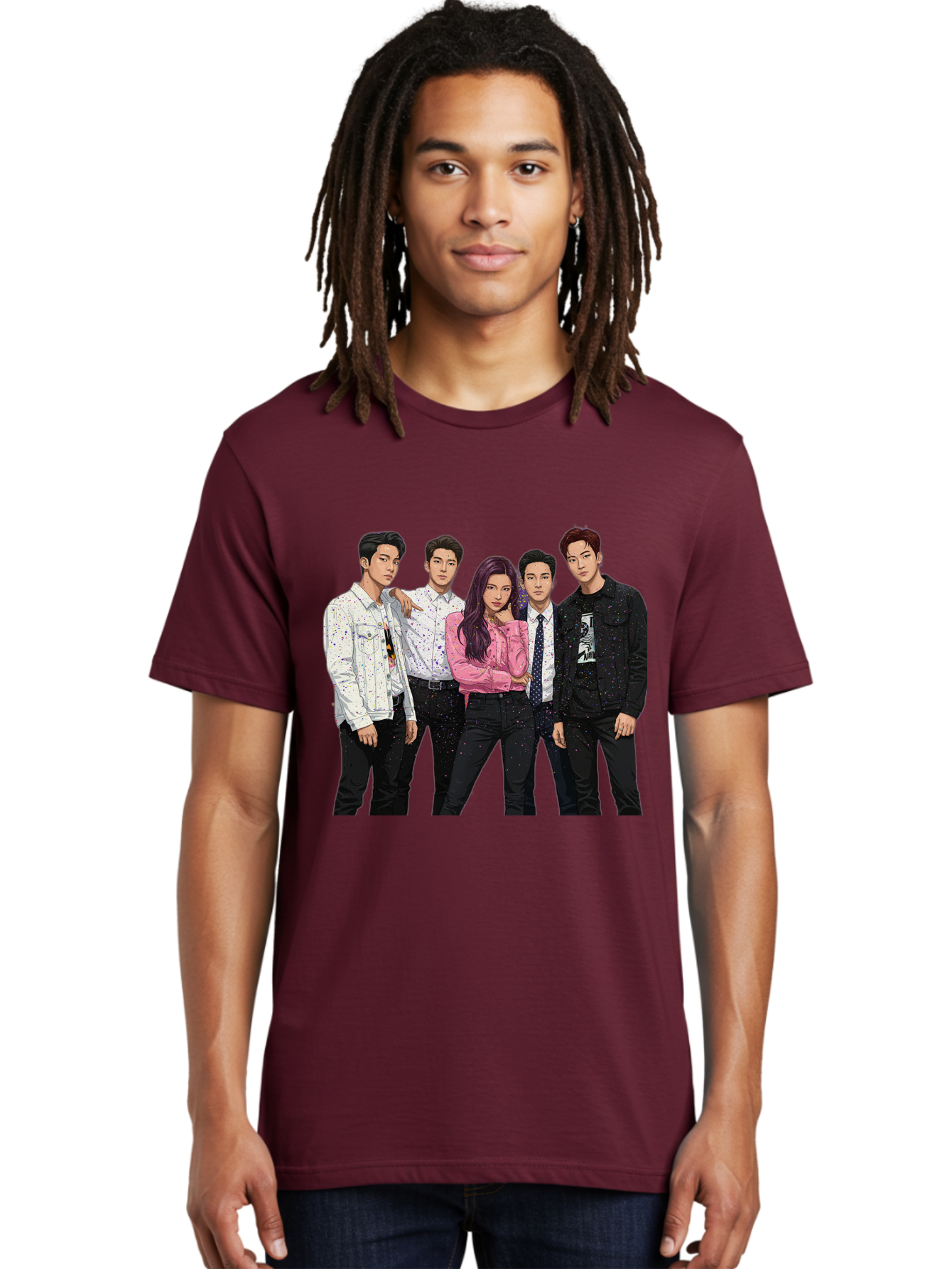 Five-People Men'S Graphic Tee, 100% Cotton, Comfortable Casual Summer Wear, Machine Washable, Group Of Young Adults, Casual Fashion, Streetwear Style, Pink Shirt, White Shirts, Black Pants, Denim Jackets, K-Pop Fashion Bab907