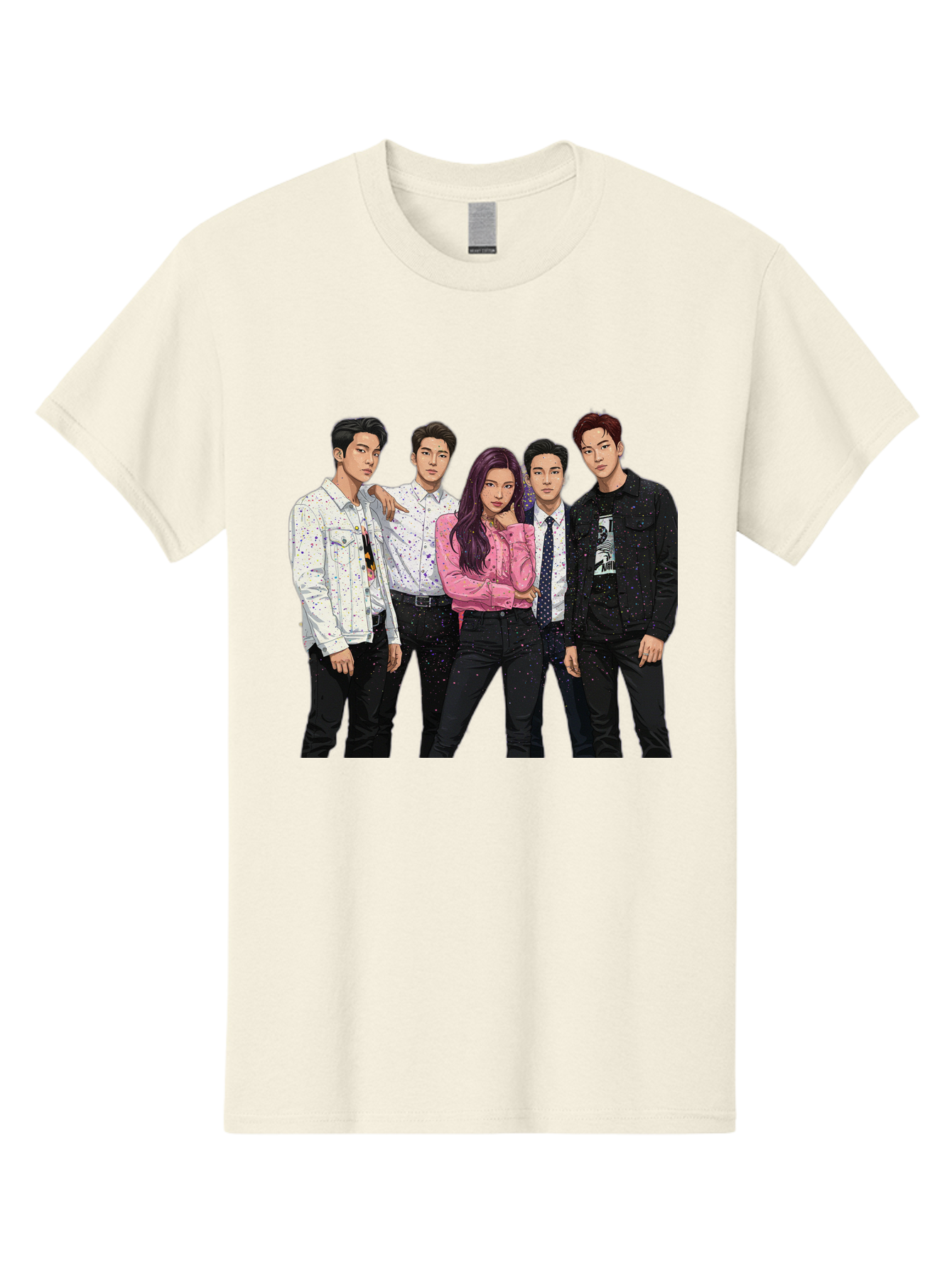 Five-People Men'S Graphic Tee, 100% Cotton, Comfortable Casual Summer Wear, Machine Washable, Group Of Young Adults, Casual Fashion, Streetwear Style, Pink Shirt, White Shirts, Black Pants, Denim Jackets, K-Pop Fashion Bab907