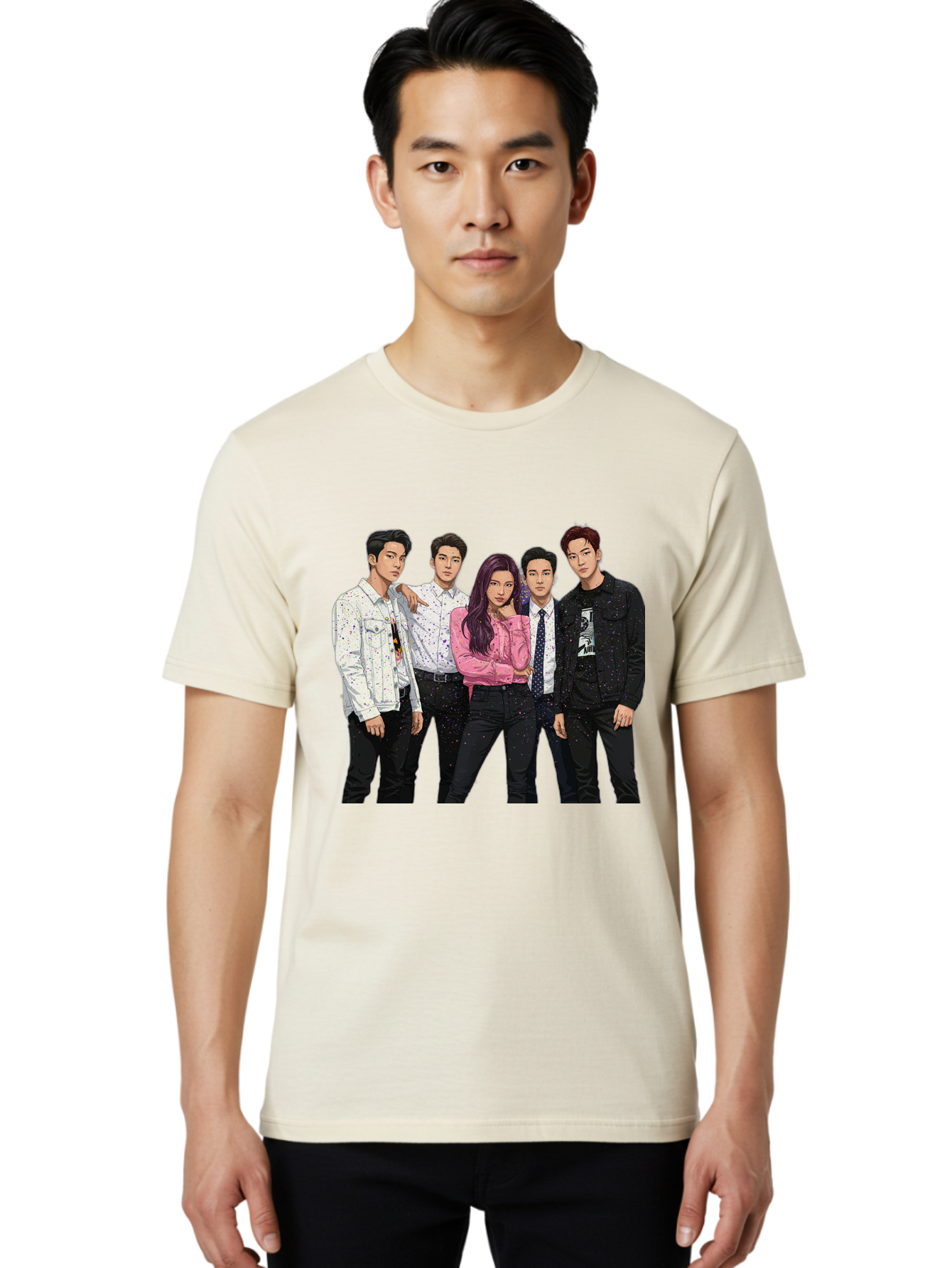 Five-People Men'S Graphic Tee, 100% Cotton, Comfortable Casual Summer Wear, Machine Washable, Group Of Young Adults, Casual Fashion, Streetwear Style, Pink Shirt, White Shirts, Black Pants, Denim Jackets, K-Pop Fashion Bab907