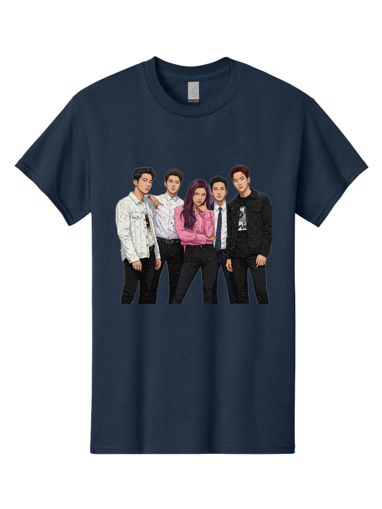 Five-People Men'S Graphic Tee, 100% Cotton, Comfortable Casual Summer Wear, Machine Washable, Group Of Young Adults, Casual Fashion, Streetwear Style, Pink Shirt, White Shirts, Black Pants, Denim Jackets, K-Pop Fashion Bab907