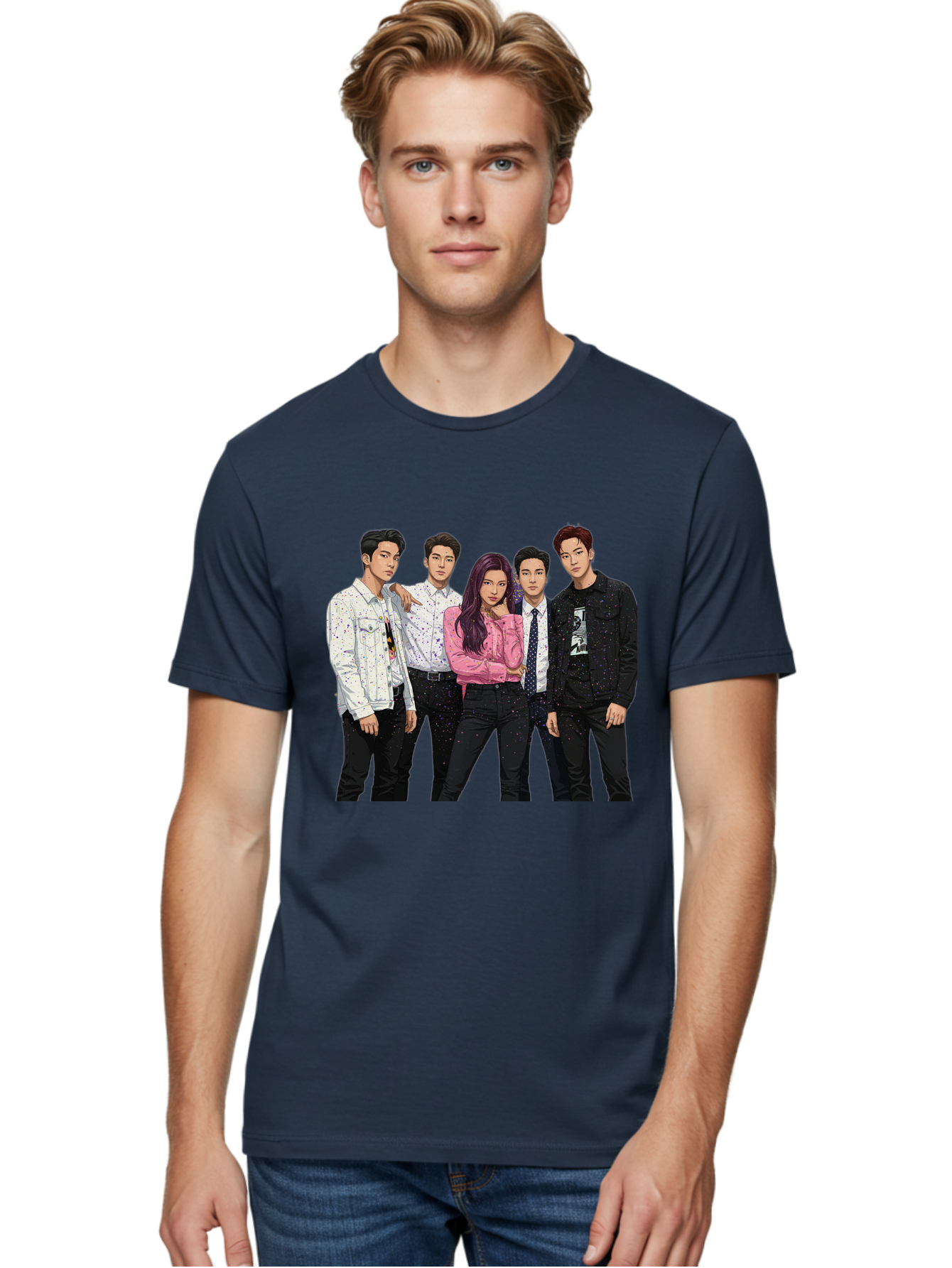 Five-People Men'S Graphic Tee, 100% Cotton, Comfortable Casual Summer Wear, Machine Washable, Group Of Young Adults, Casual Fashion, Streetwear Style, Pink Shirt, White Shirts, Black Pants, Denim Jackets, K-Pop Fashion Bab907