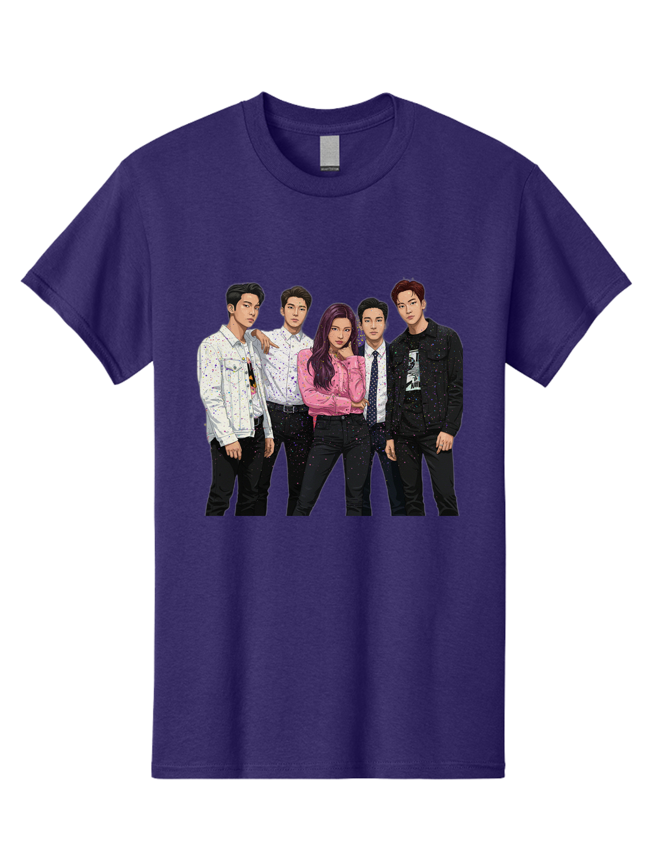 Five-People Men'S Graphic Tee, 100% Cotton, Comfortable Casual Summer Wear, Machine Washable, Group Of Young Adults, Casual Fashion, Streetwear Style, Pink Shirt, White Shirts, Black Pants, Denim Jackets, K-Pop Fashion Bab907