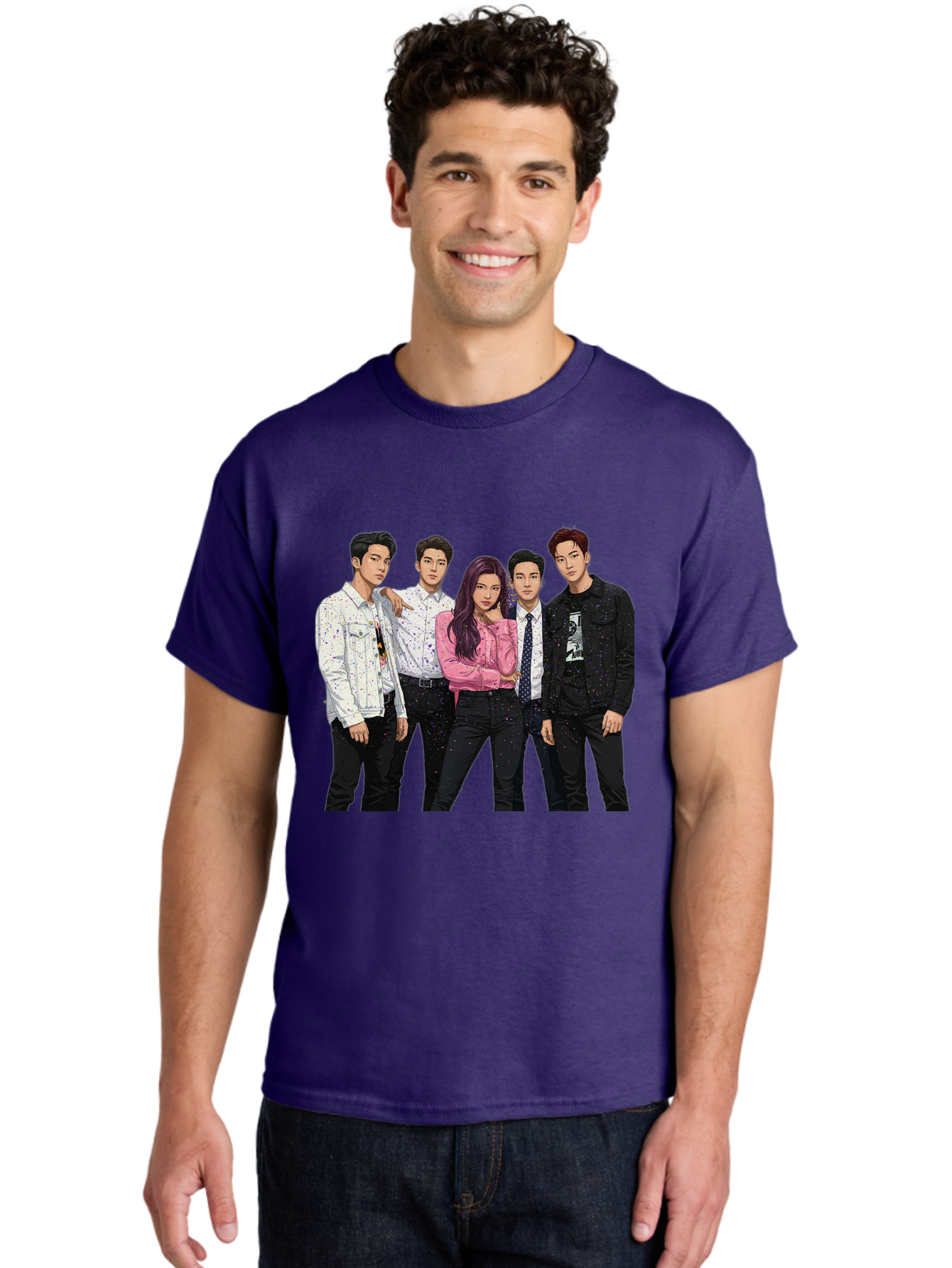 Five-People Men'S Graphic Tee, 100% Cotton, Comfortable Casual Summer Wear, Machine Washable, Group Of Young Adults, Casual Fashion, Streetwear Style, Pink Shirt, White Shirts, Black Pants, Denim Jackets, K-Pop Fashion Bab907