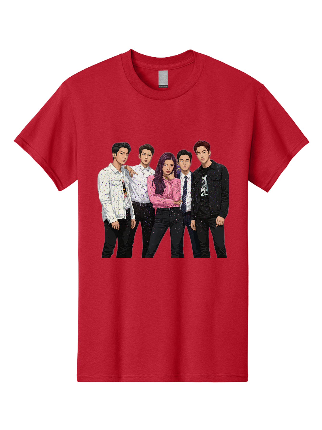 Five-People Men'S Graphic Tee, 100% Cotton, Comfortable Casual Summer Wear, Machine Washable, Group Of Young Adults, Casual Fashion, Streetwear Style, Pink Shirt, White Shirts, Black Pants, Denim Jackets, K-Pop Fashion Bab907