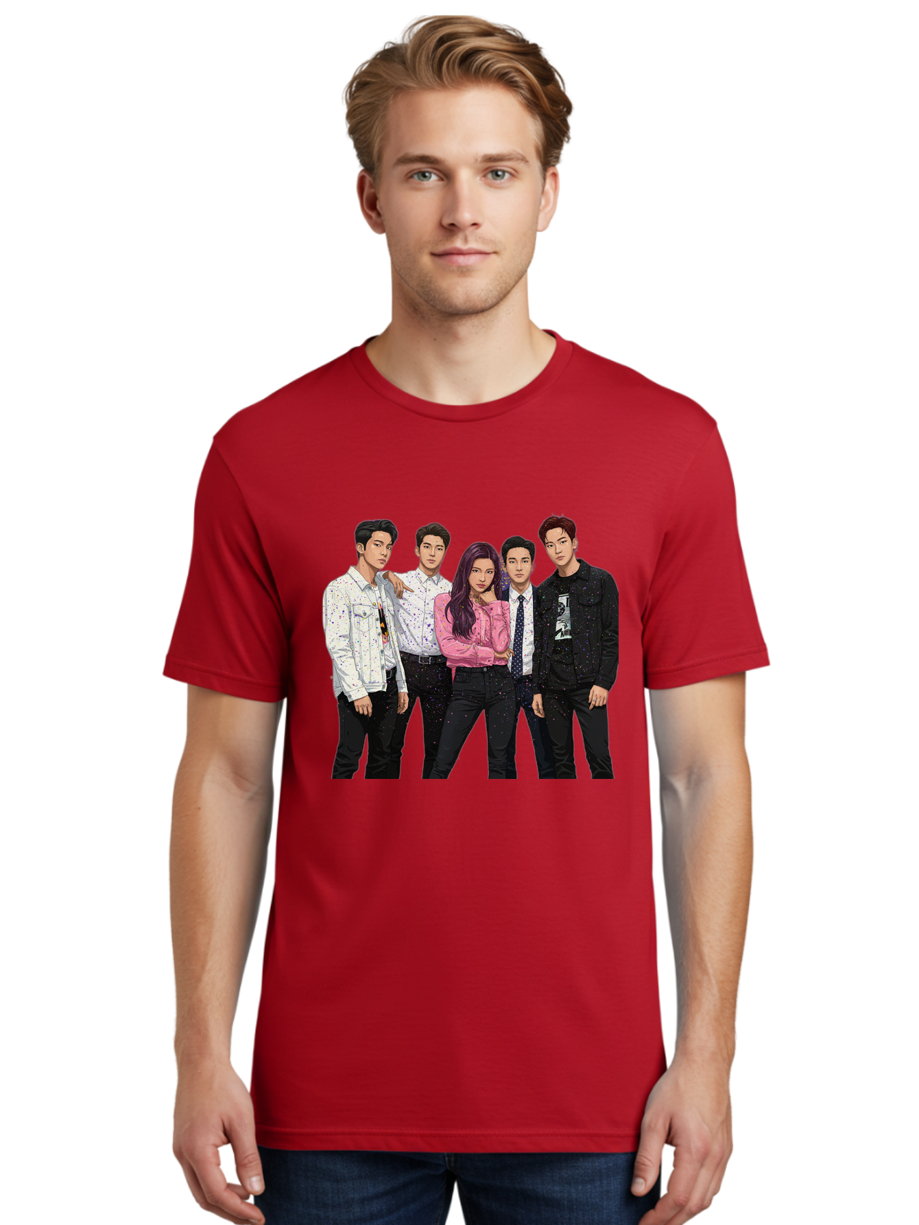 Five-People Men'S Graphic Tee, 100% Cotton, Comfortable Casual Summer Wear, Machine Washable, Group Of Young Adults, Casual Fashion, Streetwear Style, Pink Shirt, White Shirts, Black Pants, Denim Jackets, K-Pop Fashion Bab907