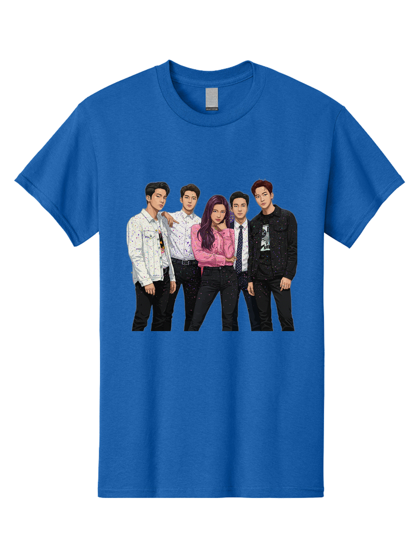 Five-People Men'S Graphic Tee, 100% Cotton, Comfortable Casual Summer Wear, Machine Washable, Group Of Young Adults, Casual Fashion, Streetwear Style, Pink Shirt, White Shirts, Black Pants, Denim Jackets, K-Pop Fashion Bab907