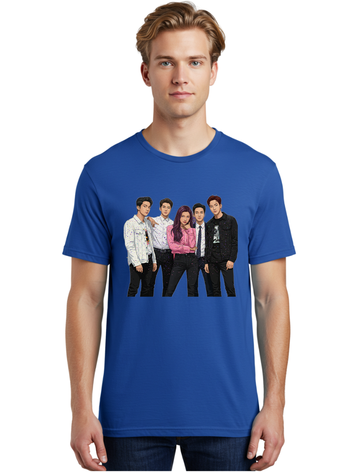 Five-People Men'S Graphic Tee, 100% Cotton, Comfortable Casual Summer Wear, Machine Washable, Group Of Young Adults, Casual Fashion, Streetwear Style, Pink Shirt, White Shirts, Black Pants, Denim Jackets, K-Pop Fashion Bab907