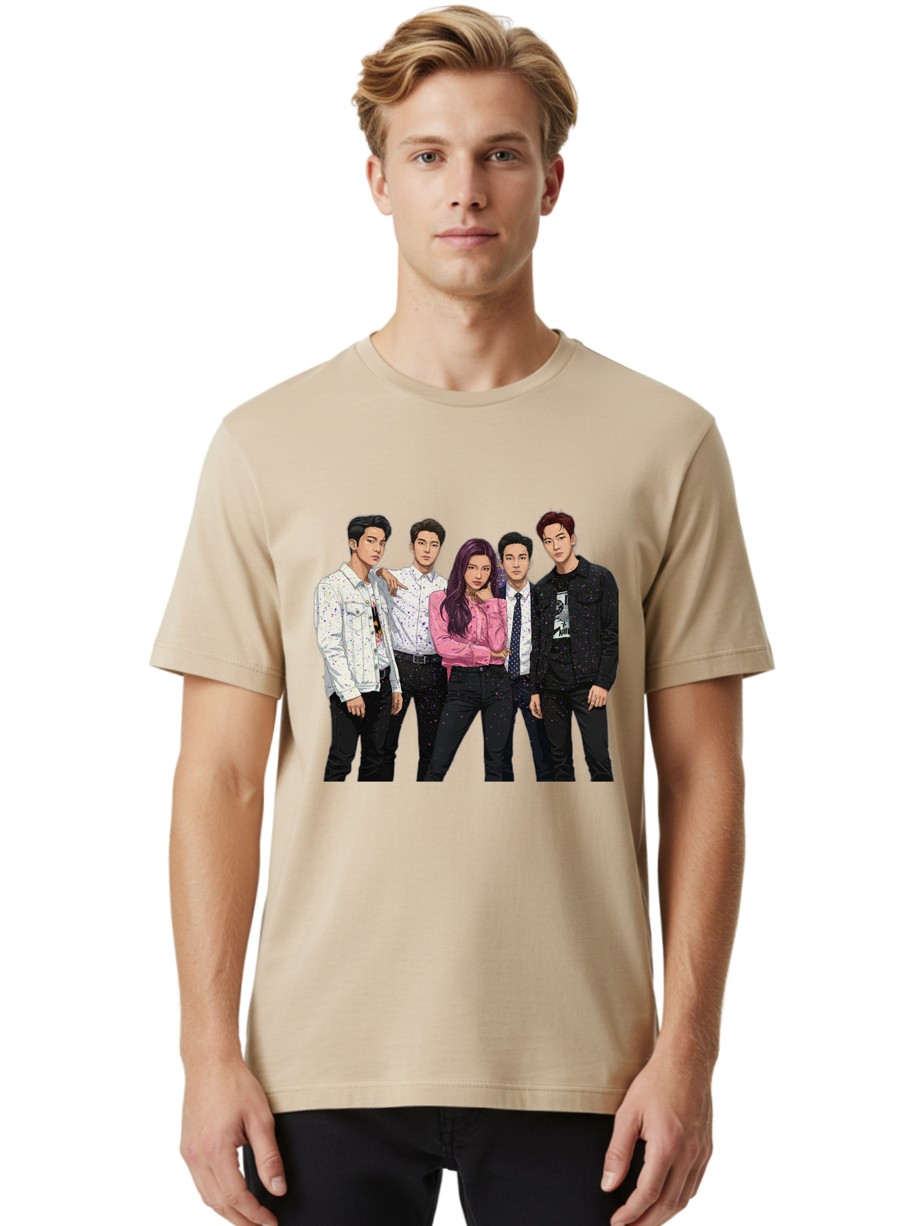 Five-People Men'S Graphic Tee, 100% Cotton, Comfortable Casual Summer Wear, Machine Washable, Group Of Young Adults, Casual Fashion, Streetwear Style, Pink Shirt, White Shirts, Black Pants, Denim Jackets, K-Pop Fashion Bab907