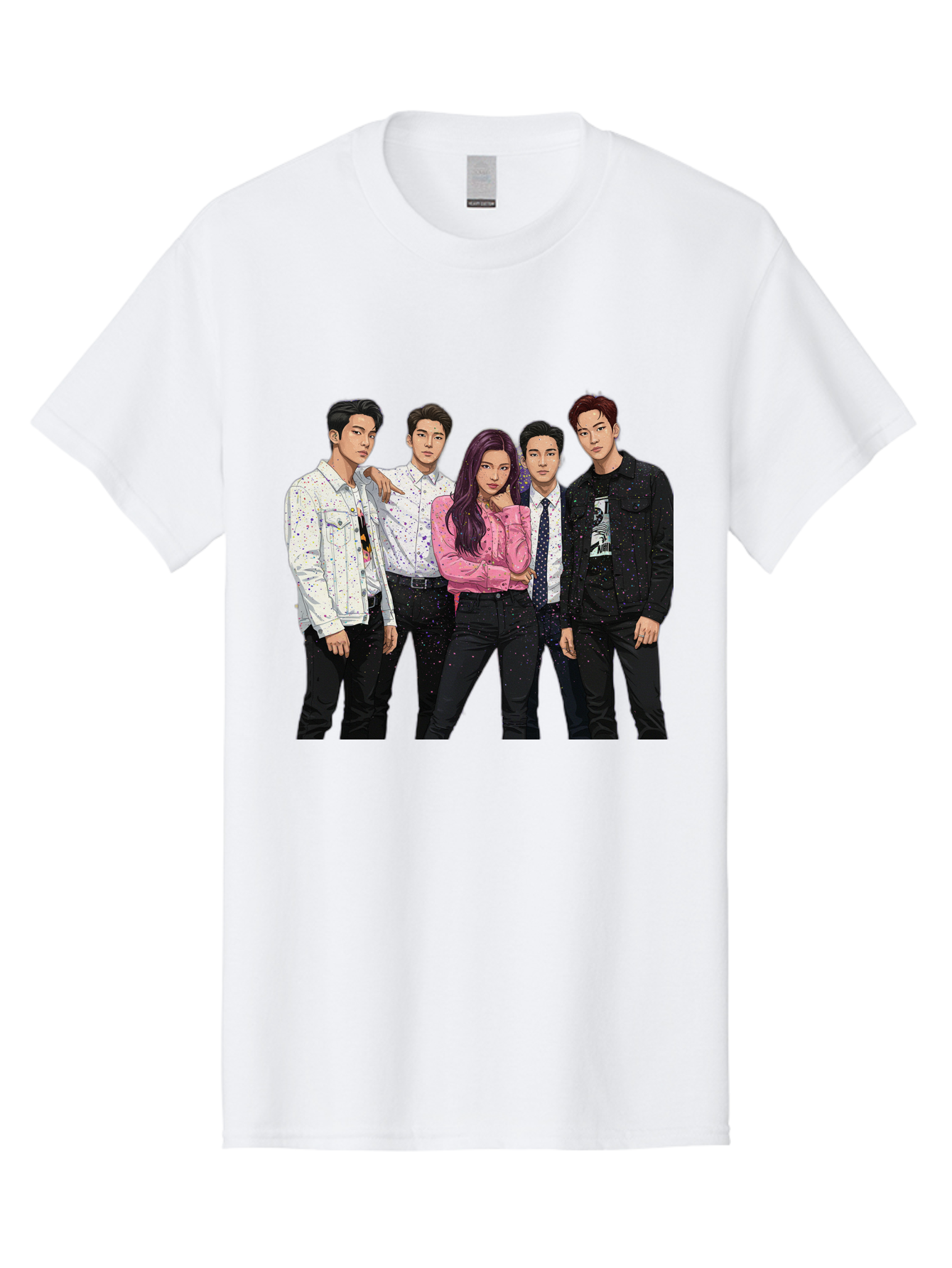 Five-People Men'S Graphic Tee, 100% Cotton, Comfortable Casual Summer Wear, Machine Washable, Group Of Young Adults, Casual Fashion, Streetwear Style, Pink Shirt, White Shirts, Black Pants, Denim Jackets, K-Pop Fashion Bab907