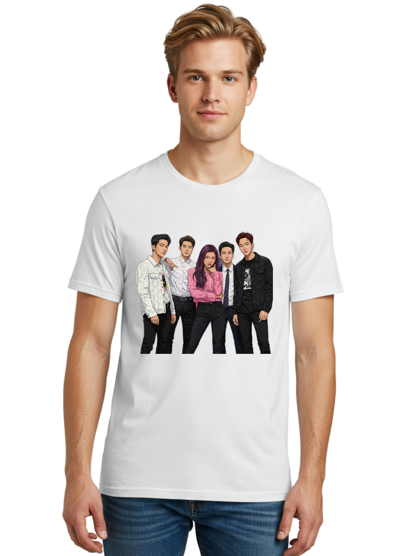 Five-People Men'S Graphic Tee, 100% Cotton, Comfortable Casual Summer Wear, Machine Washable, Group Of Young Adults, Casual Fashion, Streetwear Style, Pink Shirt, White Shirts, Black Pants, Denim Jackets, K-Pop Fashion Bab907