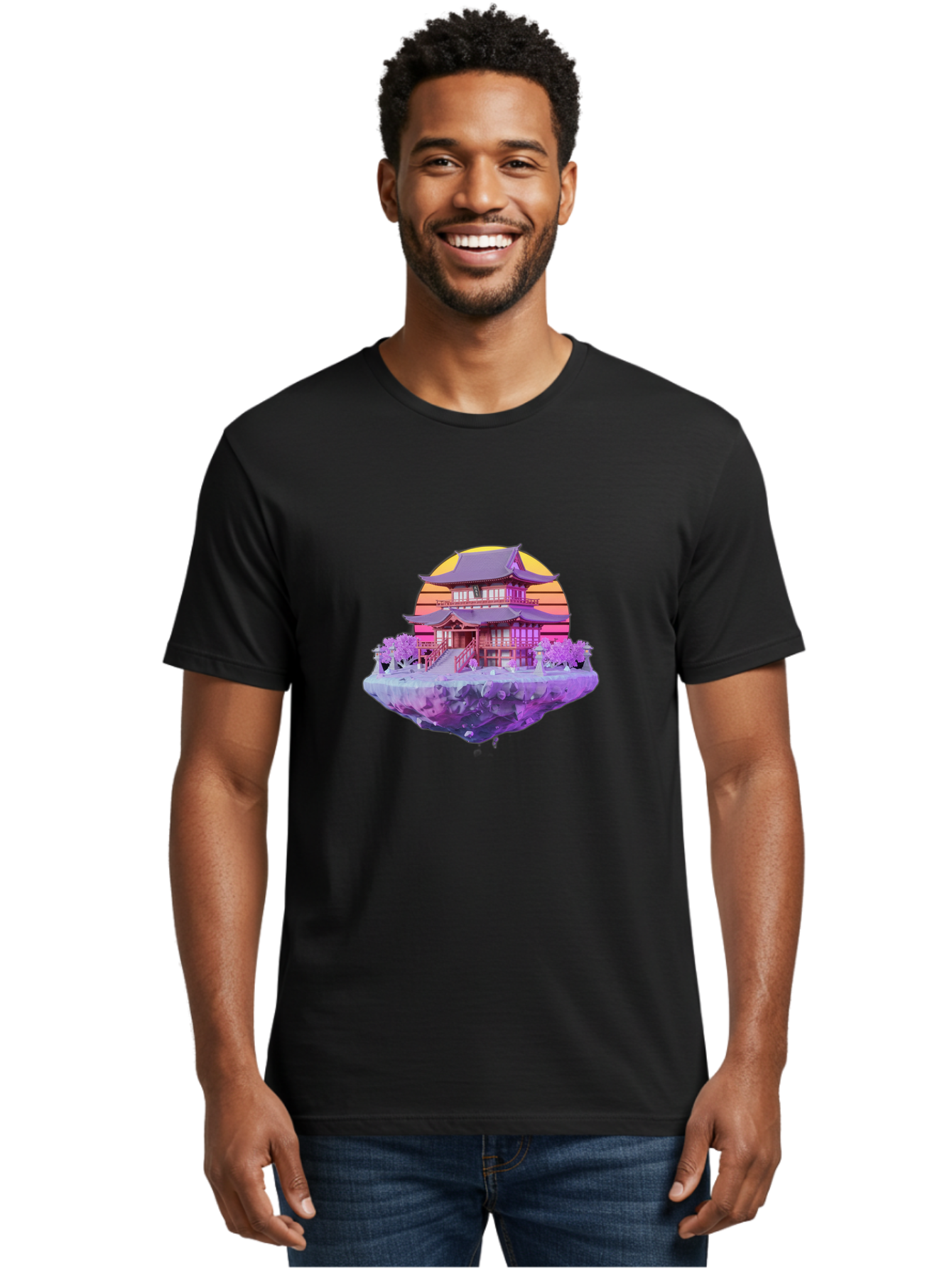 Floating-Pagoda Men'S Graphic Tee, 100% Cotton, Comfortable Casual Summer Wear, Machine Washable, Japanese Pagoda, Floating Island, Serene Landscape, Fantastical Scenery, Vibrant Colors, Peaceful Atmosphere, Surreal Art, Dreamy Landscape, Bab910