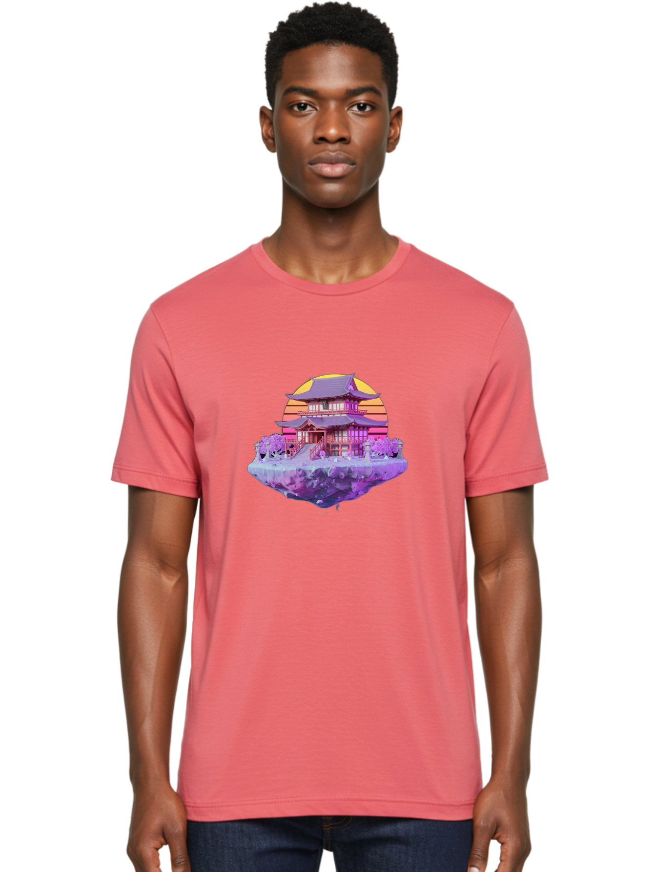 Floating-Pagoda Men'S Graphic Tee, 100% Cotton, Comfortable Casual Summer Wear, Machine Washable, Japanese Pagoda, Floating Island, Serene Landscape, Fantastical Scenery, Vibrant Colors, Peaceful Atmosphere, Surreal Art, Dreamy Landscape, Bab910