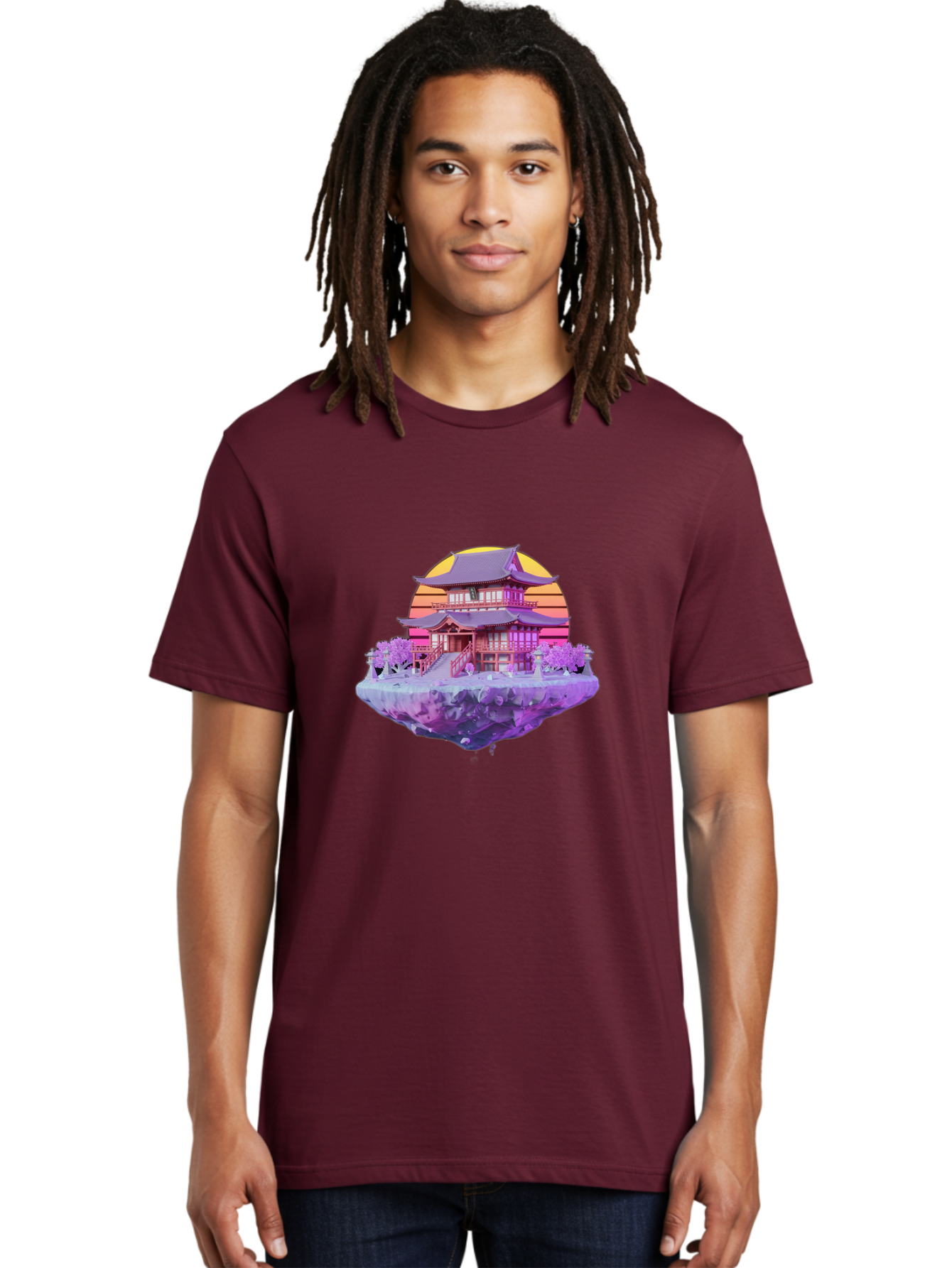 Floating-Pagoda Men'S Graphic Tee, 100% Cotton, Comfortable Casual Summer Wear, Machine Washable, Japanese Pagoda, Floating Island, Serene Landscape, Fantastical Scenery, Vibrant Colors, Peaceful Atmosphere, Surreal Art, Dreamy Landscape, Bab910