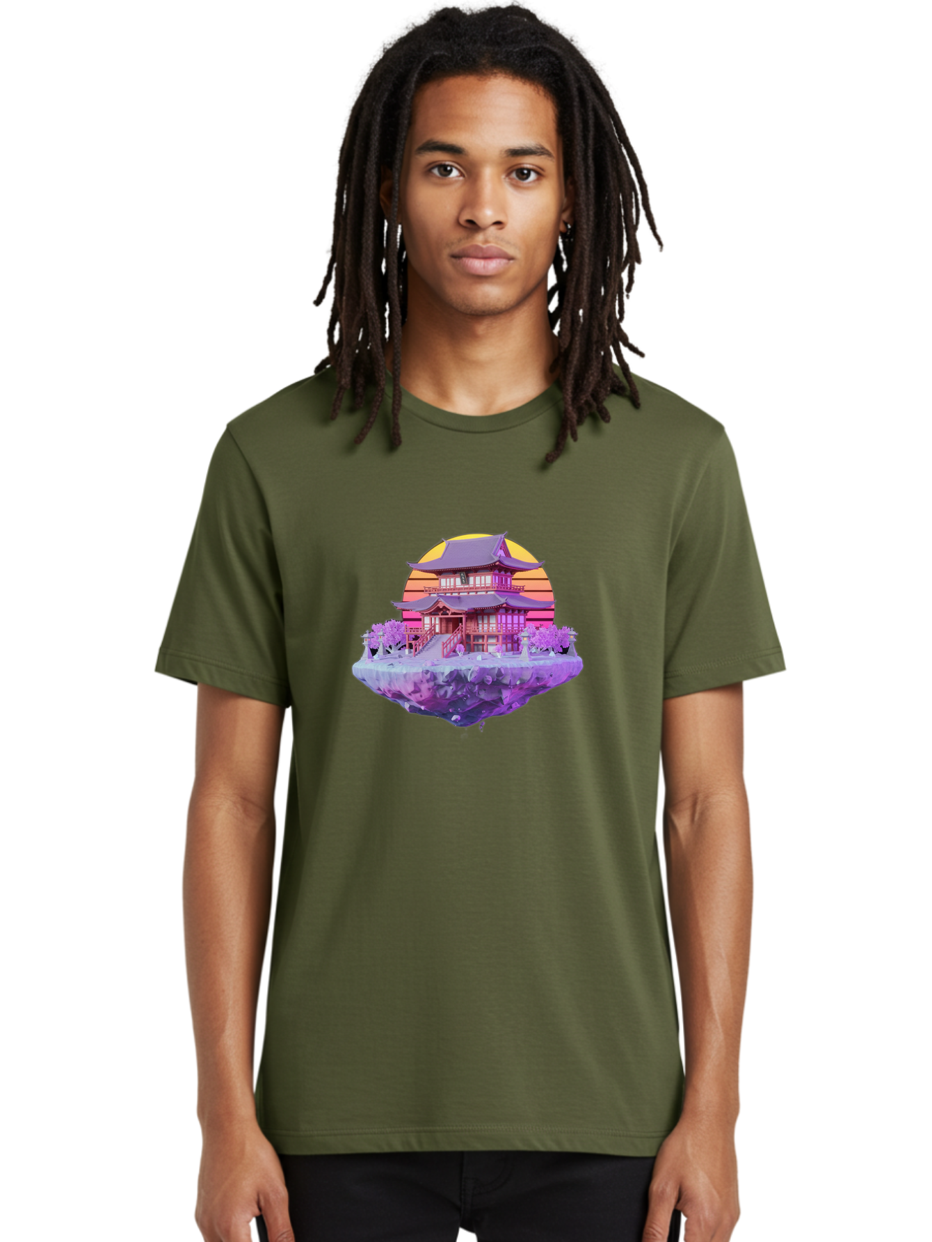 Floating-Pagoda Men'S Graphic Tee, 100% Cotton, Comfortable Casual Summer Wear, Machine Washable, Japanese Pagoda, Floating Island, Serene Landscape, Fantastical Scenery, Vibrant Colors, Peaceful Atmosphere, Surreal Art, Dreamy Landscape, Bab910