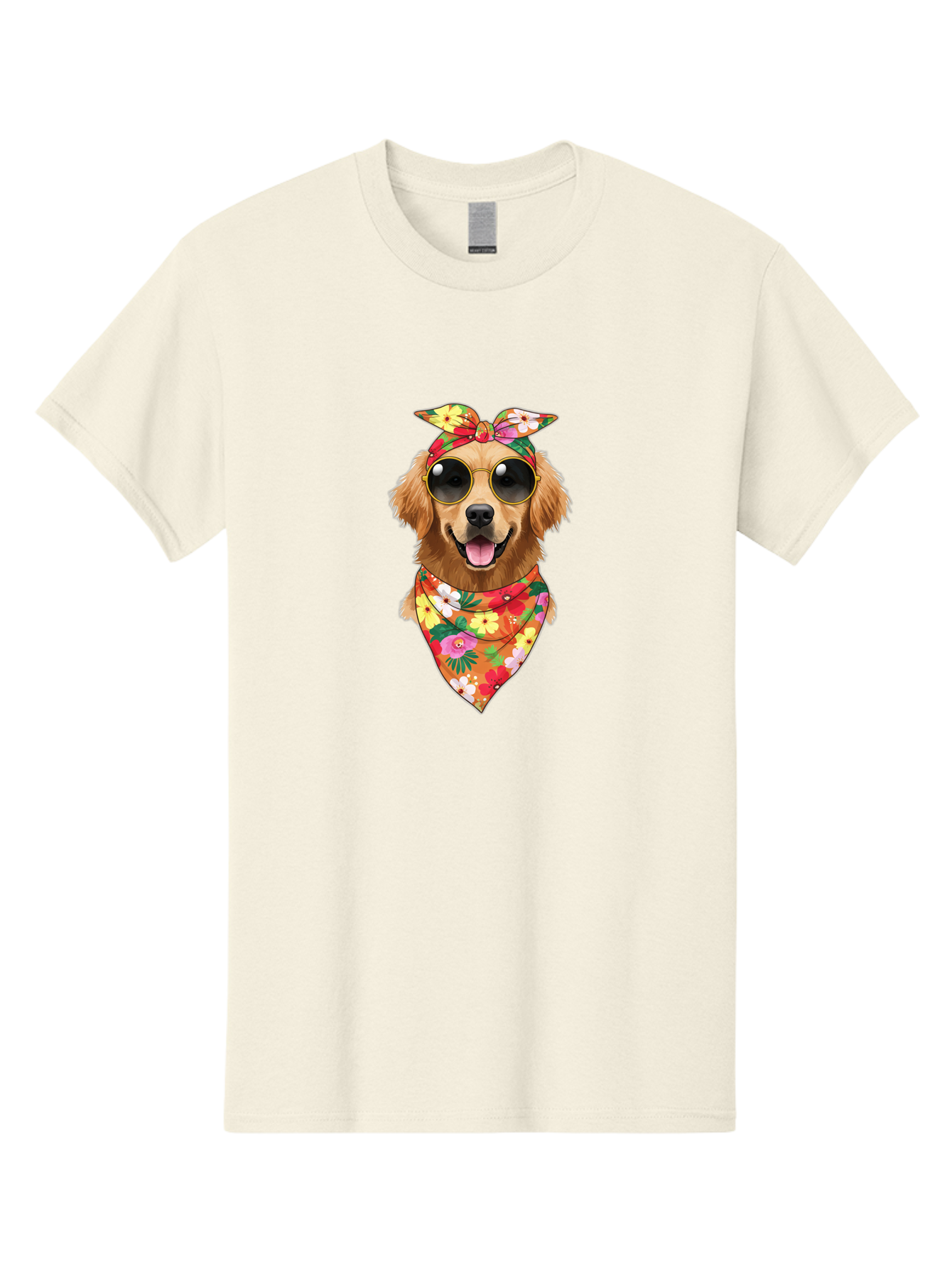 Floral-Dog Men'S Graphic Tee, 100% Cotton, Comfortable Casual Summer Wear, Machine Washable, Dog Wearing Sunglasses, Floral Bandana, Cool Dog, Happy Dog, Funky Pet, Hippie Dog, Cartoon Dog, Pet Fashion, Trendy Dog Accessories, Dog Apparel Bab911