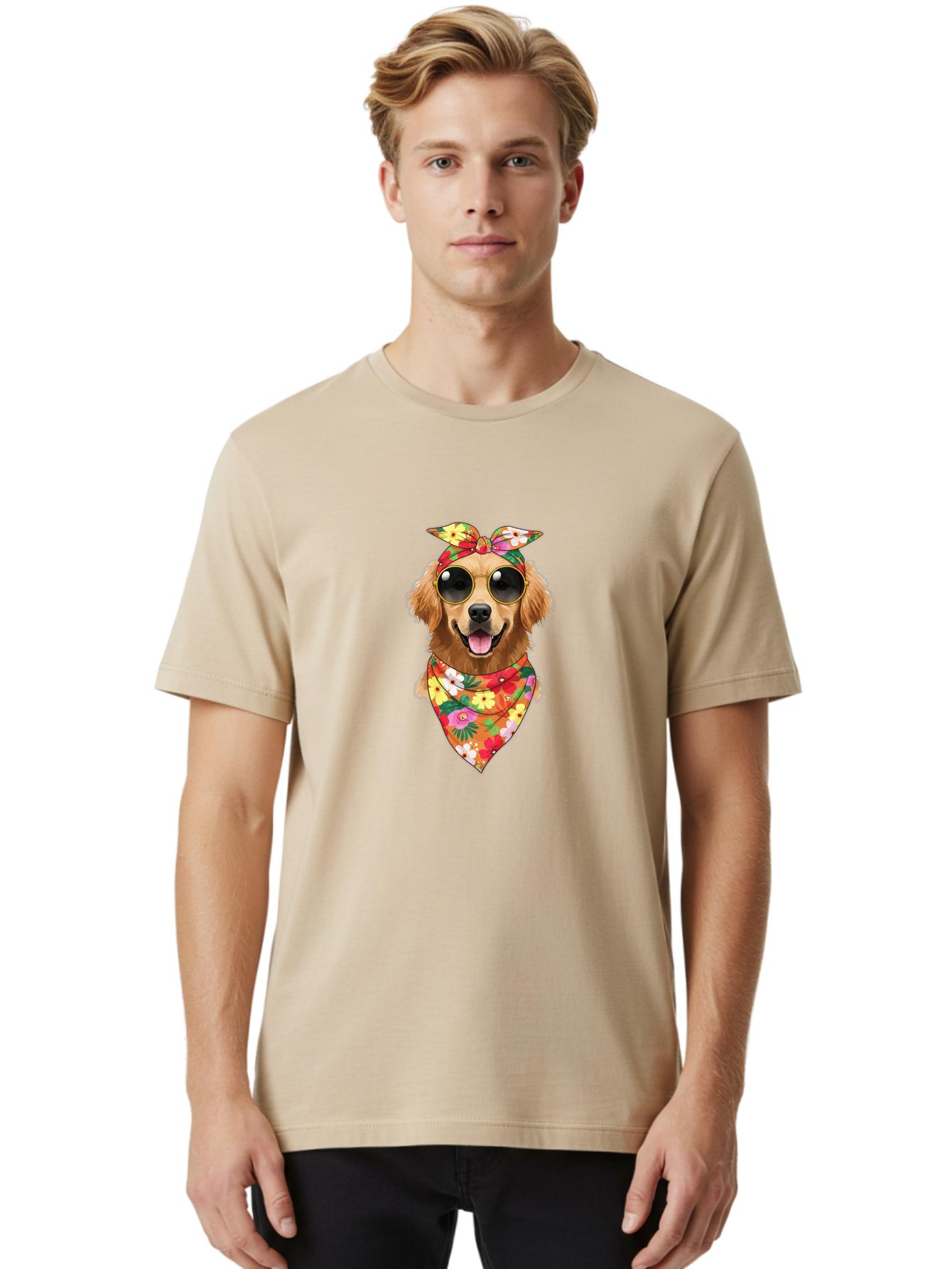 Floral-Dog Men'S Graphic Tee, 100% Cotton, Comfortable Casual Summer Wear, Machine Washable, Dog Wearing Sunglasses, Floral Bandana, Cool Dog, Happy Dog, Funky Pet, Hippie Dog, Cartoon Dog, Pet Fashion, Trendy Dog Accessories, Dog Apparel Bab911