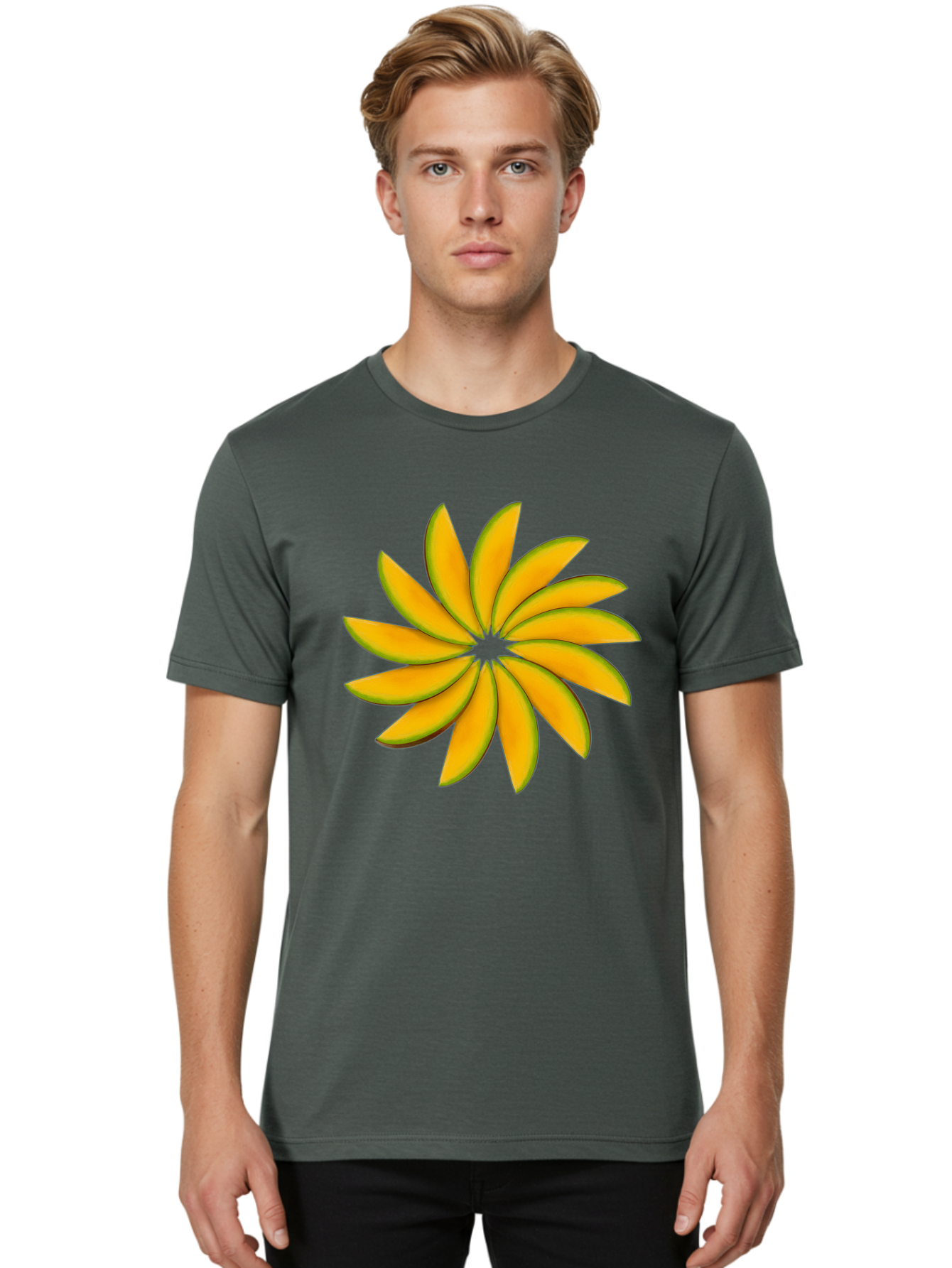 Flower Men'S Graphic Tee, 100% Cotton, Comfortable Casual Summer Wear, Machine Washable, Yellow Flower, Floral Design, Digital Art, Vibrant Petals, Graphic Illustration, Flower Graphic, Orange-Yellow Hues, Symmetrical Shape, Stylized Bloom Bab912