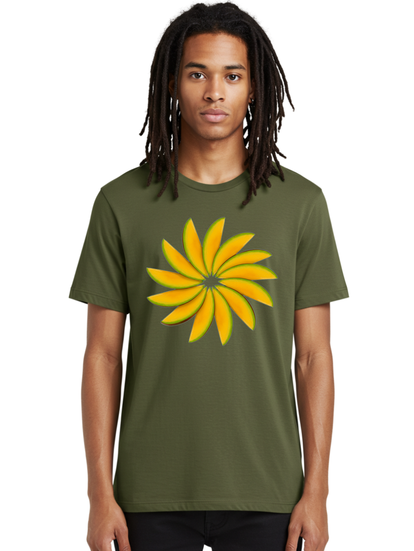 Flower Men'S Graphic Tee, 100% Cotton, Comfortable Casual Summer Wear, Machine Washable, Yellow Flower, Floral Design, Digital Art, Vibrant Petals, Graphic Illustration, Flower Graphic, Orange-Yellow Hues, Symmetrical Shape, Stylized Bloom Bab912