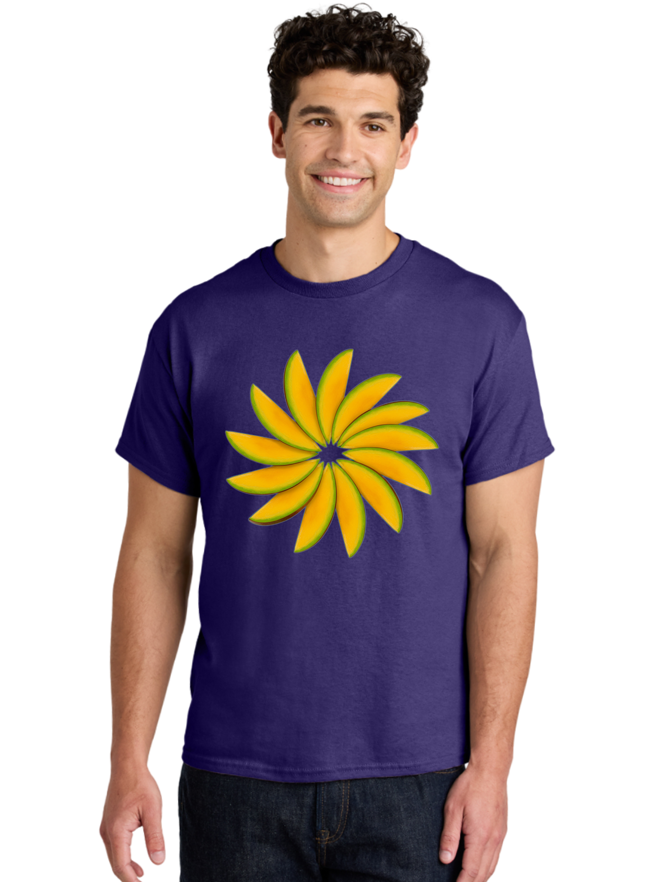 Flower Men'S Graphic Tee, 100% Cotton, Comfortable Casual Summer Wear, Machine Washable, Yellow Flower, Floral Design, Digital Art, Vibrant Petals, Graphic Illustration, Flower Graphic, Orange-Yellow Hues, Symmetrical Shape, Stylized Bloom Bab912