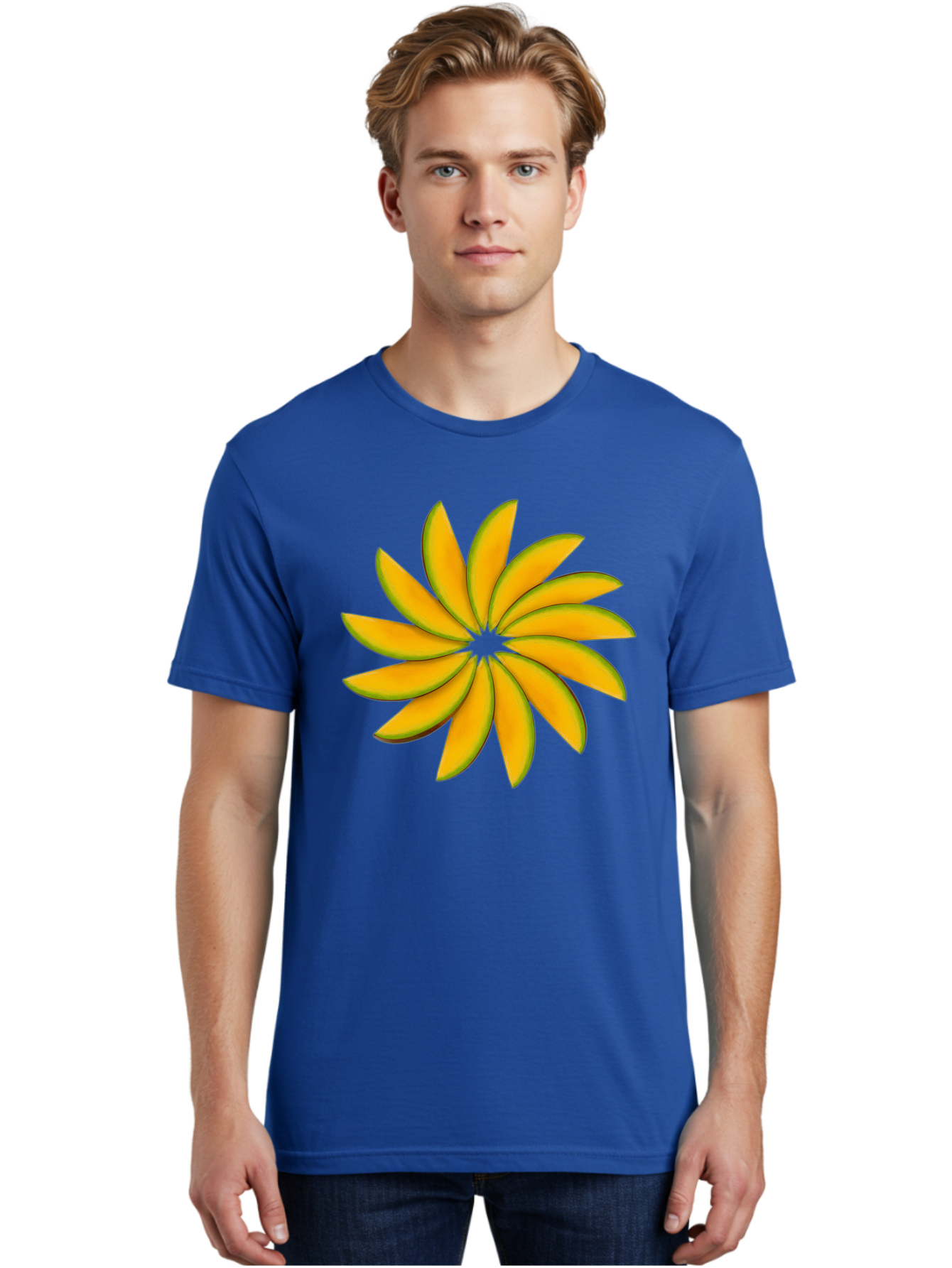 Flower Men'S Graphic Tee, 100% Cotton, Comfortable Casual Summer Wear, Machine Washable, Yellow Flower, Floral Design, Digital Art, Vibrant Petals, Graphic Illustration, Flower Graphic, Orange-Yellow Hues, Symmetrical Shape, Stylized Bloom Bab912