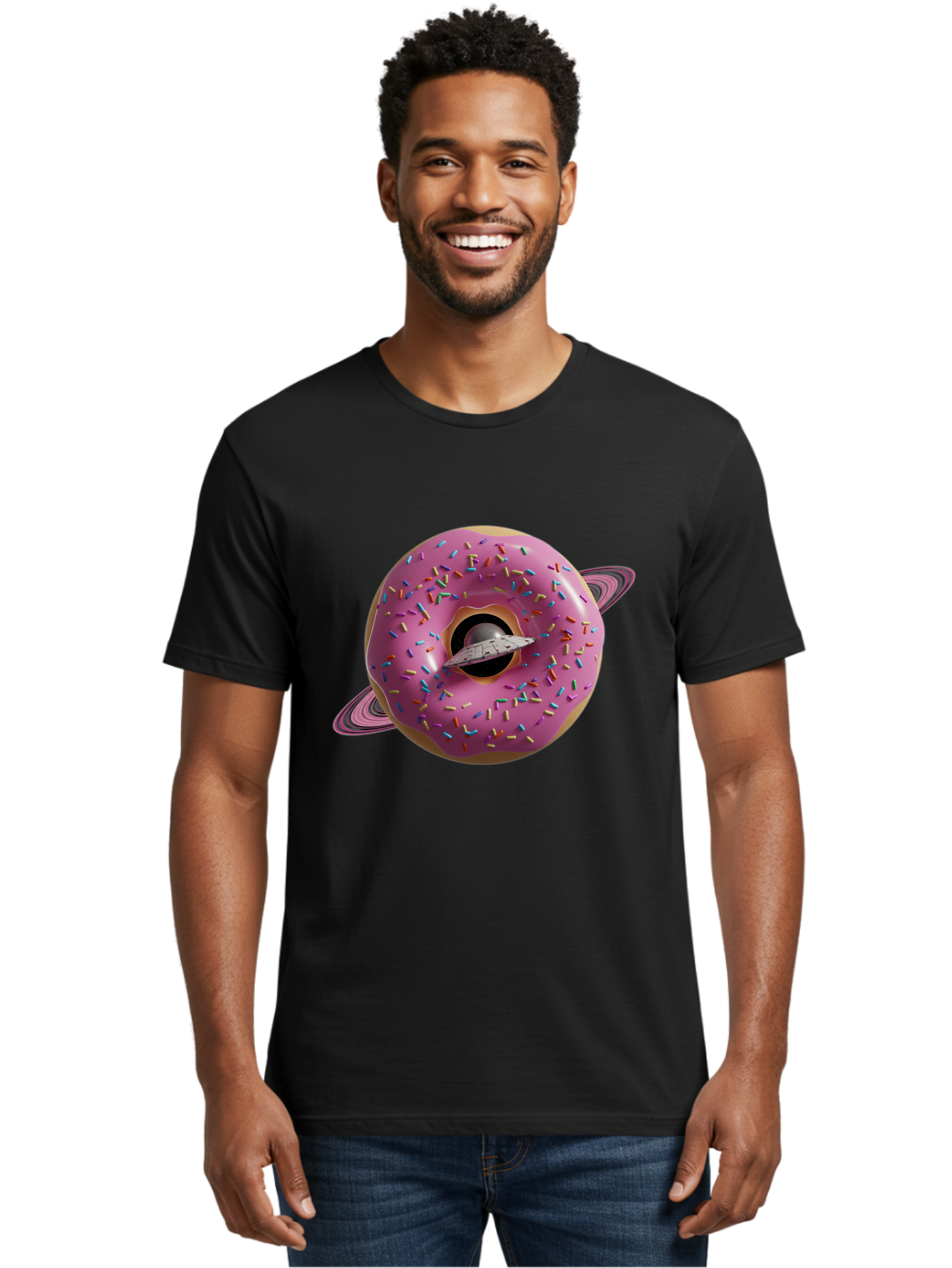 Flying-Saucer-Donut-Planet Men'S Graphic Tee, 100% Cotton, Comfortable Casual Summer Wear, Machine Washable, Pink Donut Planet, Donut With Sprinkles, Ufo Flying Through Donut, Pastel Colors, Pastel Donut, Sprinkles, Surreal Scene, Donut Hole, Bab913