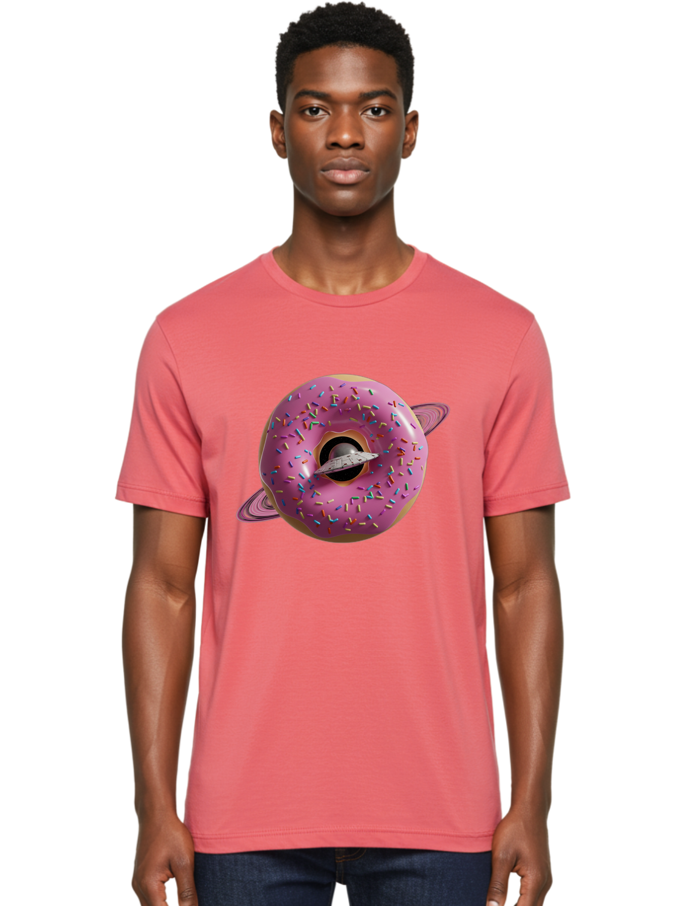 Flying-Saucer-Donut-Planet Men'S Graphic Tee, 100% Cotton, Comfortable Casual Summer Wear, Machine Washable, Pink Donut Planet, Donut With Sprinkles, Ufo Flying Through Donut, Pastel Colors, Pastel Donut, Sprinkles, Surreal Scene, Donut Hole, Bab913