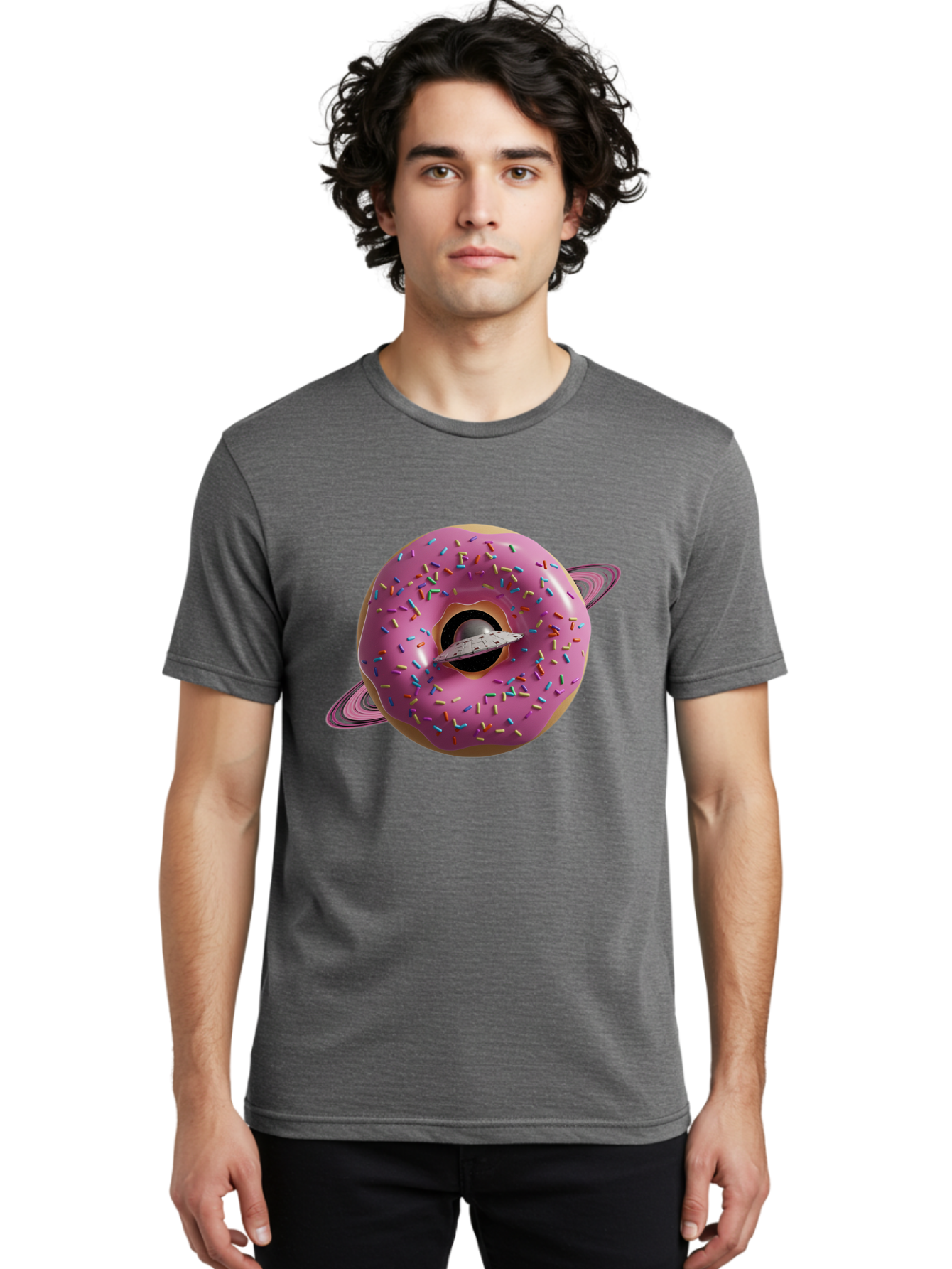 Flying-Saucer-Donut-Planet Men'S Graphic Tee, 100% Cotton, Comfortable Casual Summer Wear, Machine Washable, Pink Donut Planet, Donut With Sprinkles, Ufo Flying Through Donut, Pastel Colors, Pastel Donut, Sprinkles, Surreal Scene, Donut Hole, Bab913