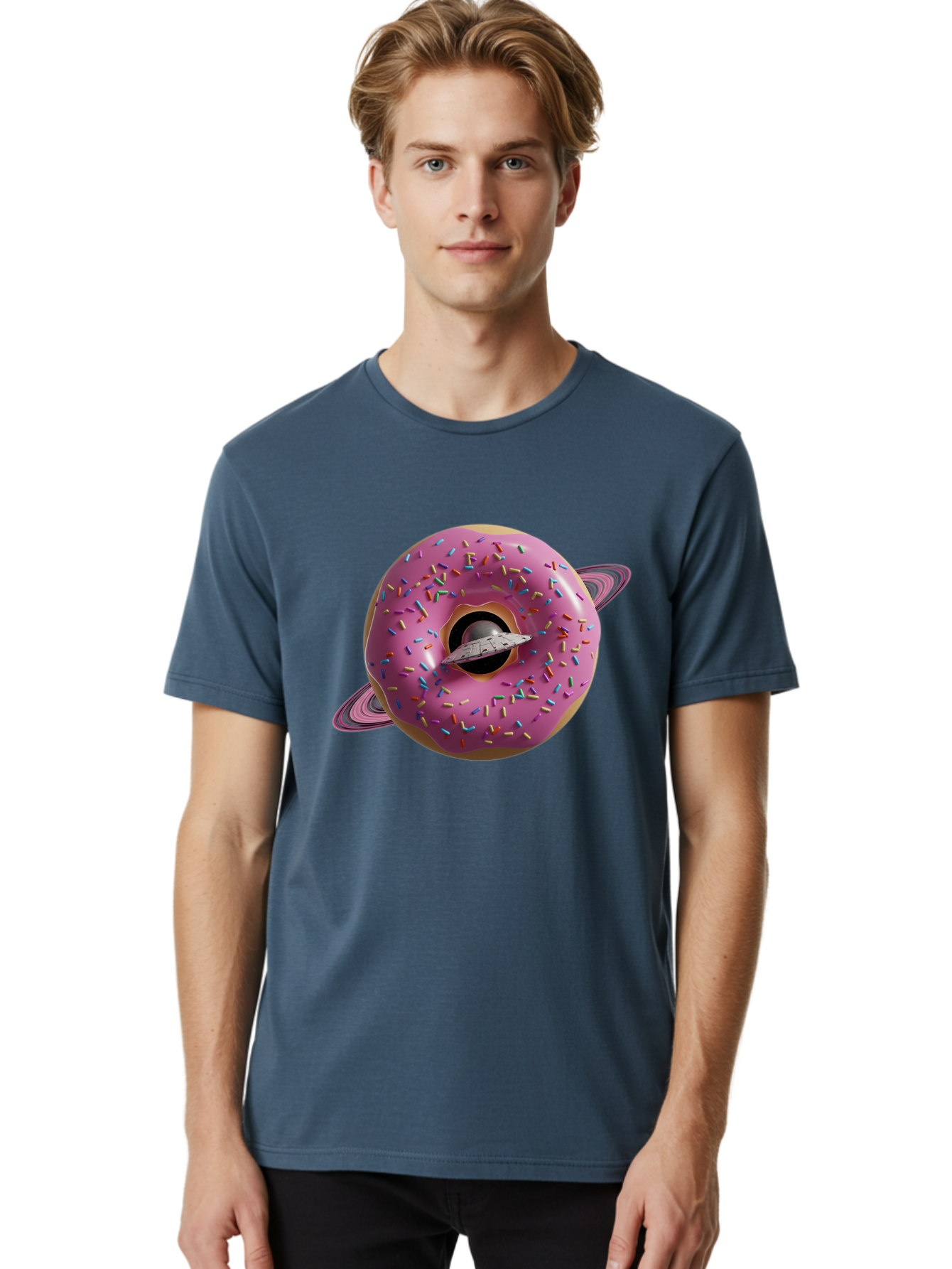 Flying-Saucer-Donut-Planet Men'S Graphic Tee, 100% Cotton, Comfortable Casual Summer Wear, Machine Washable, Pink Donut Planet, Donut With Sprinkles, Ufo Flying Through Donut, Pastel Colors, Pastel Donut, Sprinkles, Surreal Scene, Donut Hole, Bab913