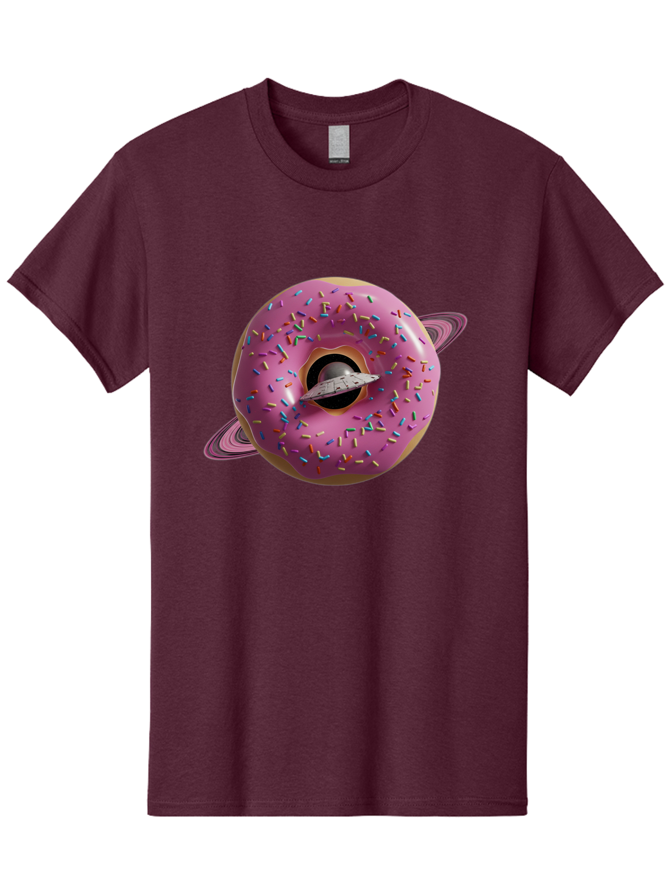 Flying-Saucer-Donut-Planet Men'S Graphic Tee, 100% Cotton, Comfortable Casual Summer Wear, Machine Washable, Pink Donut Planet, Donut With Sprinkles, Ufo Flying Through Donut, Pastel Colors, Pastel Donut, Sprinkles, Surreal Scene, Donut Hole, Bab913