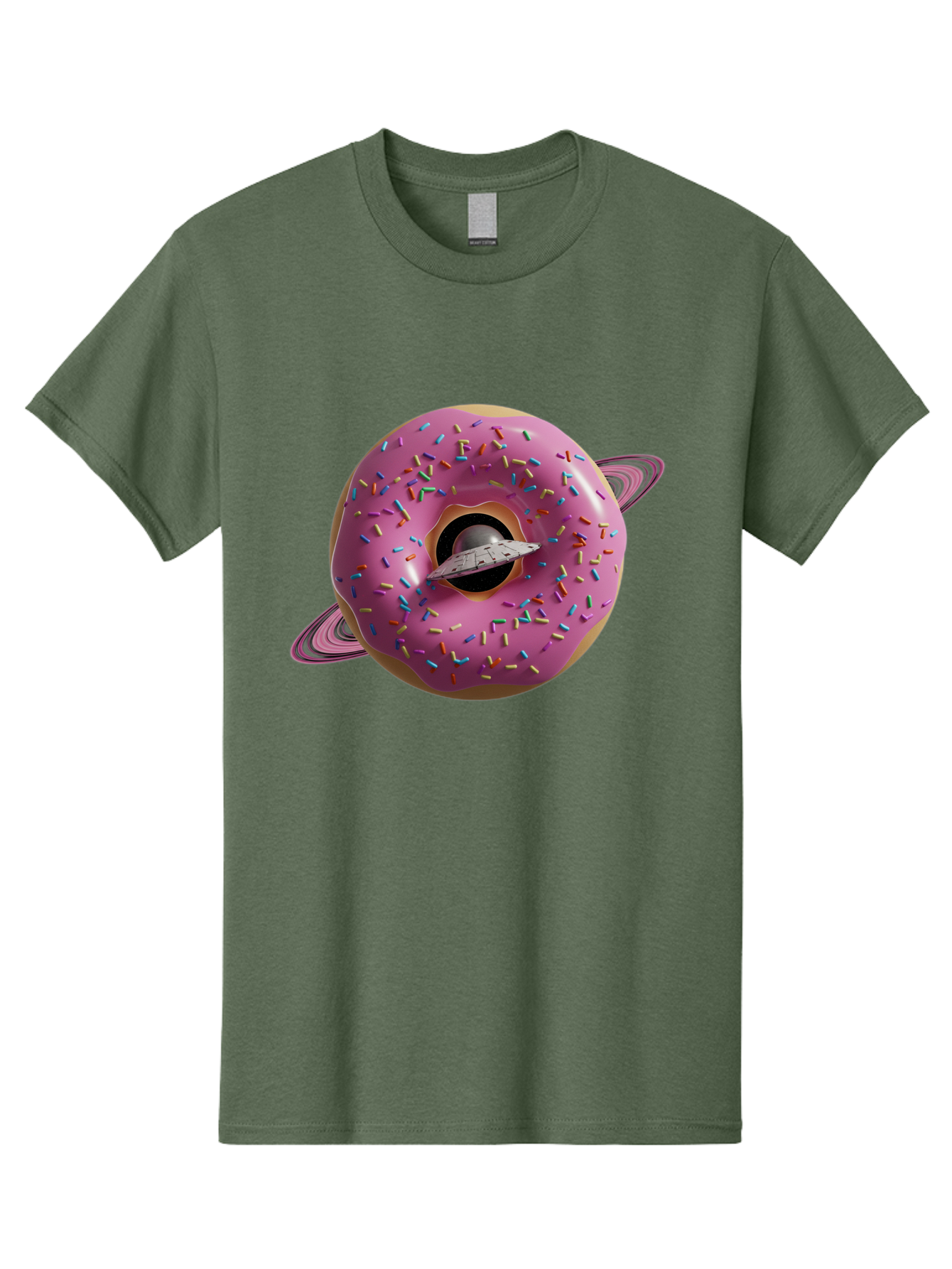 Flying-Saucer-Donut-Planet Men'S Graphic Tee, 100% Cotton, Comfortable Casual Summer Wear, Machine Washable, Pink Donut Planet, Donut With Sprinkles, Ufo Flying Through Donut, Pastel Colors, Pastel Donut, Sprinkles, Surreal Scene, Donut Hole, Bab913