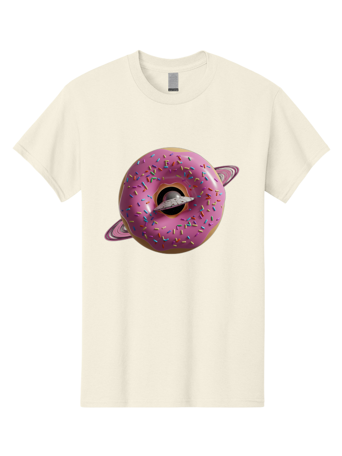 Flying-Saucer-Donut-Planet Men'S Graphic Tee, 100% Cotton, Comfortable Casual Summer Wear, Machine Washable, Pink Donut Planet, Donut With Sprinkles, Ufo Flying Through Donut, Pastel Colors, Pastel Donut, Sprinkles, Surreal Scene, Donut Hole, Bab913