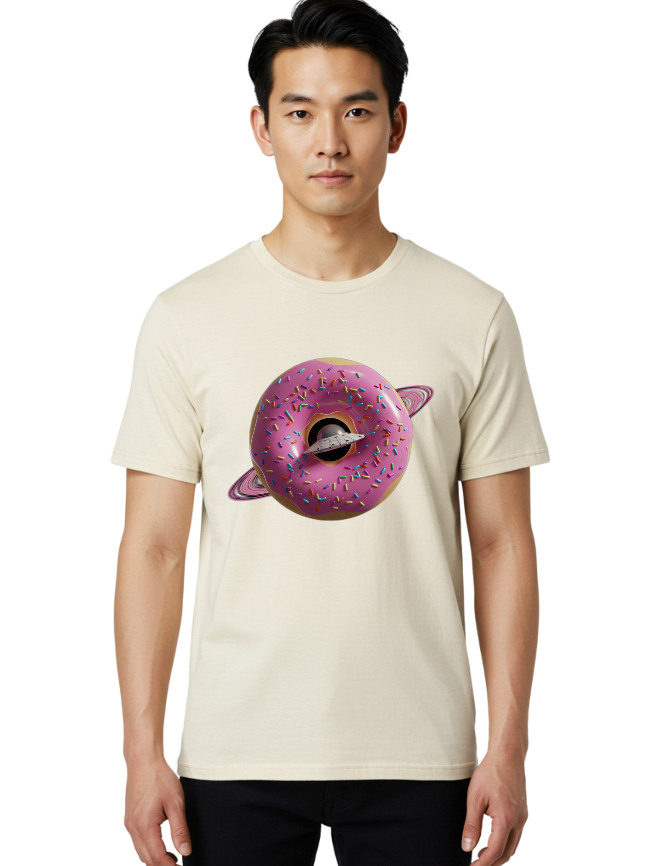 Flying-Saucer-Donut-Planet Men'S Graphic Tee, 100% Cotton, Comfortable Casual Summer Wear, Machine Washable, Pink Donut Planet, Donut With Sprinkles, Ufo Flying Through Donut, Pastel Colors, Pastel Donut, Sprinkles, Surreal Scene, Donut Hole, Bab913