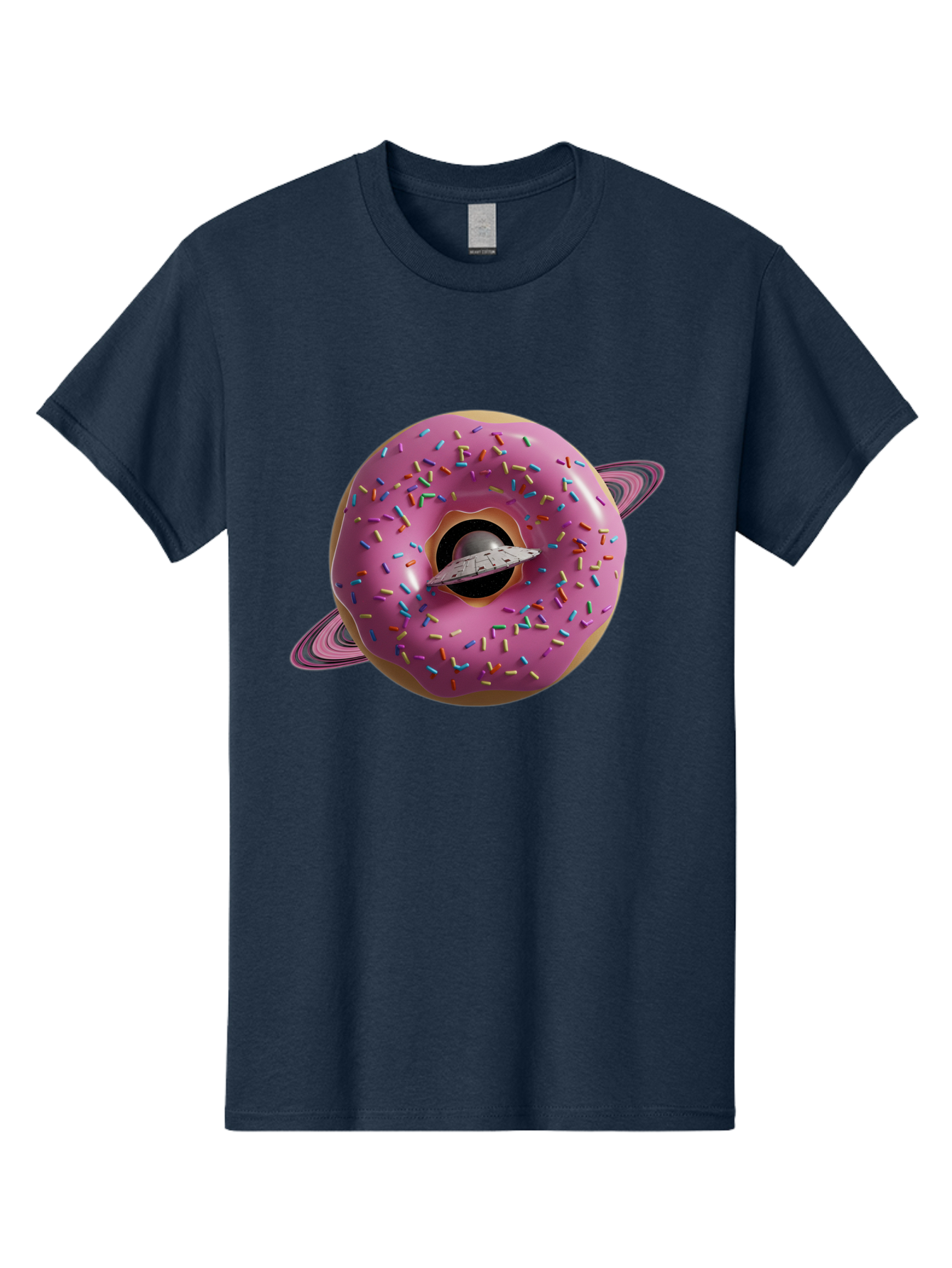 Flying-Saucer-Donut-Planet Men'S Graphic Tee, 100% Cotton, Comfortable Casual Summer Wear, Machine Washable, Pink Donut Planet, Donut With Sprinkles, Ufo Flying Through Donut, Pastel Colors, Pastel Donut, Sprinkles, Surreal Scene, Donut Hole, Bab913