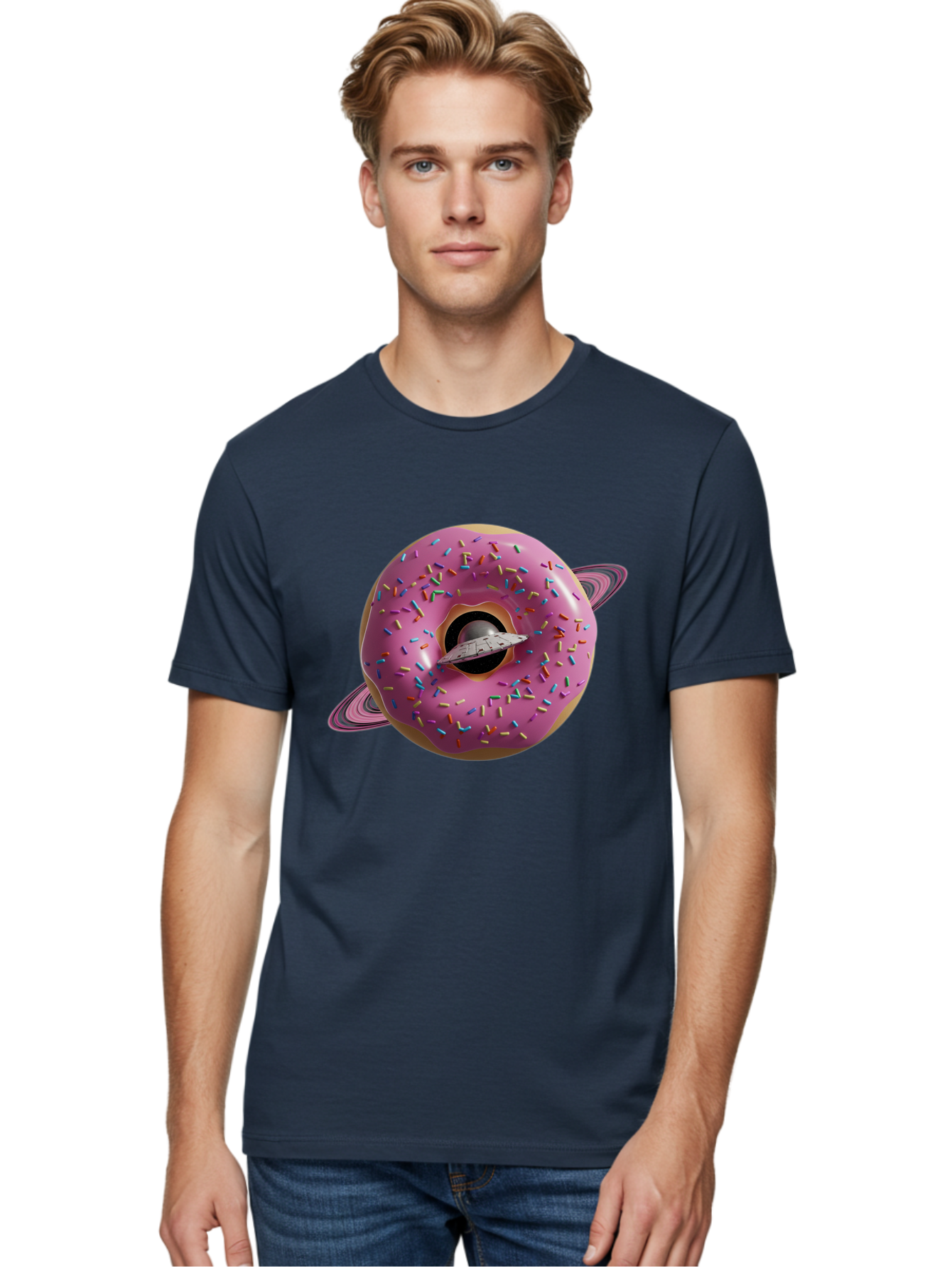 Flying-Saucer-Donut-Planet Men'S Graphic Tee, 100% Cotton, Comfortable Casual Summer Wear, Machine Washable, Pink Donut Planet, Donut With Sprinkles, Ufo Flying Through Donut, Pastel Colors, Pastel Donut, Sprinkles, Surreal Scene, Donut Hole, Bab913