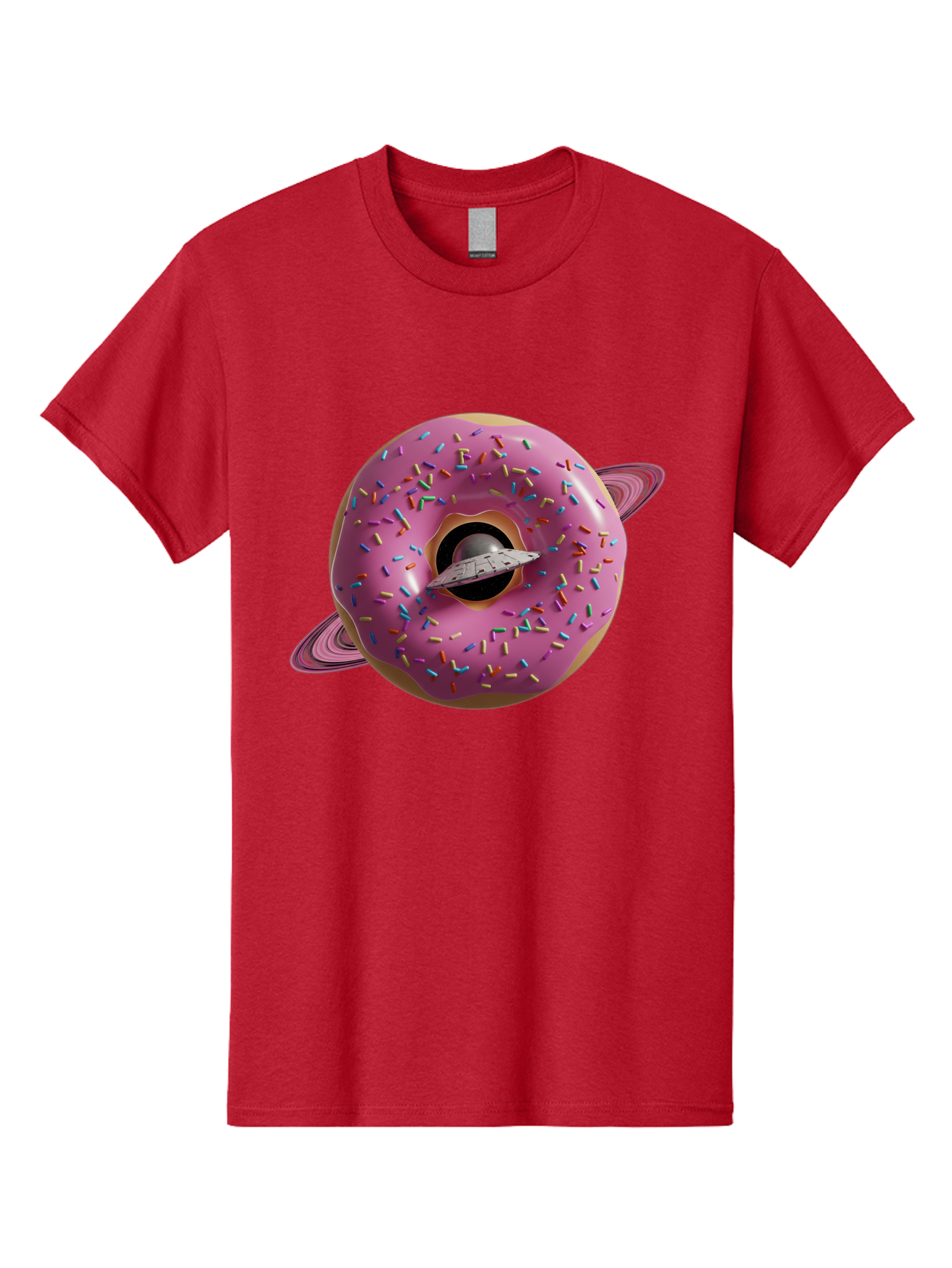 Flying-Saucer-Donut-Planet Men'S Graphic Tee, 100% Cotton, Comfortable Casual Summer Wear, Machine Washable, Pink Donut Planet, Donut With Sprinkles, Ufo Flying Through Donut, Pastel Colors, Pastel Donut, Sprinkles, Surreal Scene, Donut Hole, Bab913