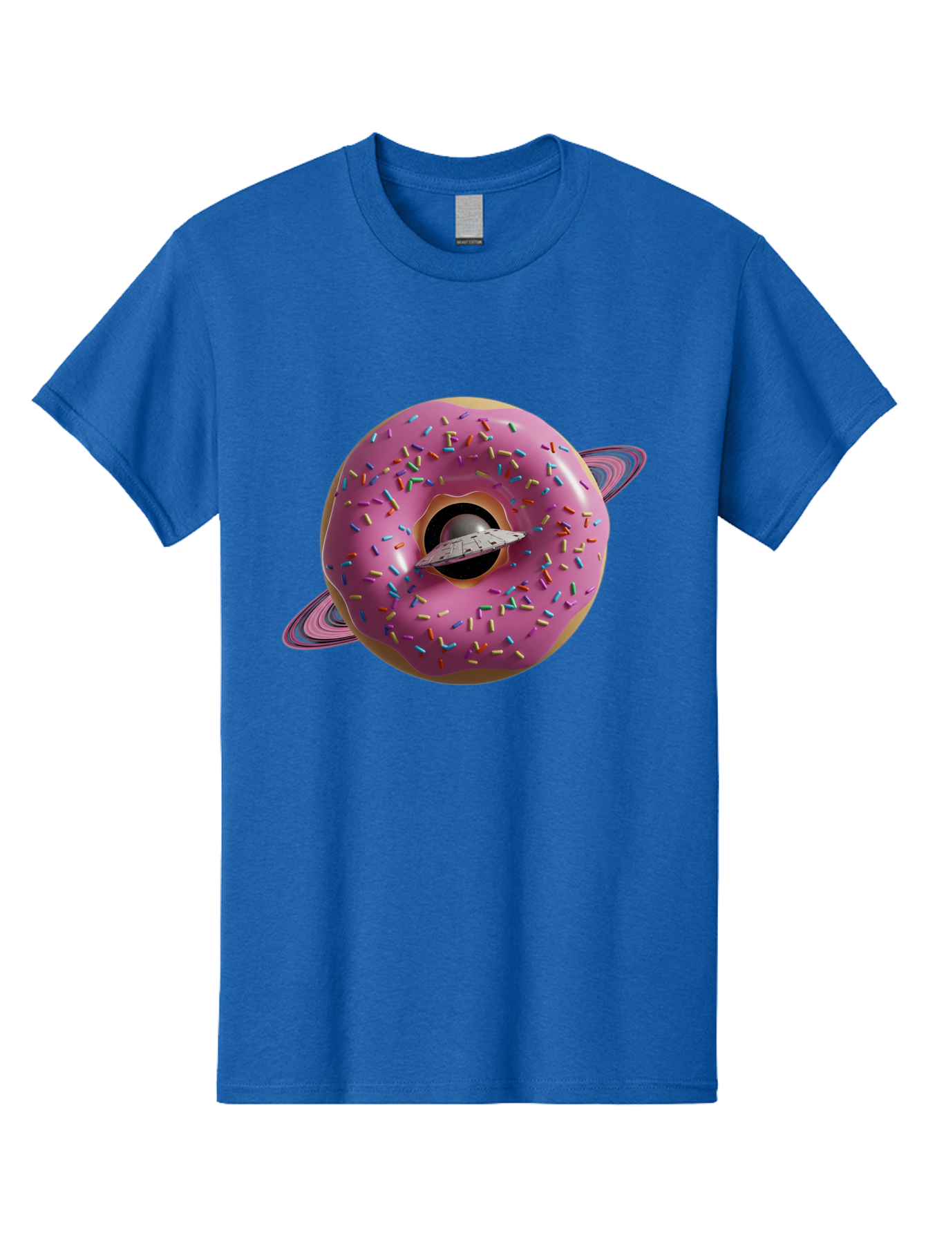 Flying-Saucer-Donut-Planet Men'S Graphic Tee, 100% Cotton, Comfortable Casual Summer Wear, Machine Washable, Pink Donut Planet, Donut With Sprinkles, Ufo Flying Through Donut, Pastel Colors, Pastel Donut, Sprinkles, Surreal Scene, Donut Hole, Bab913