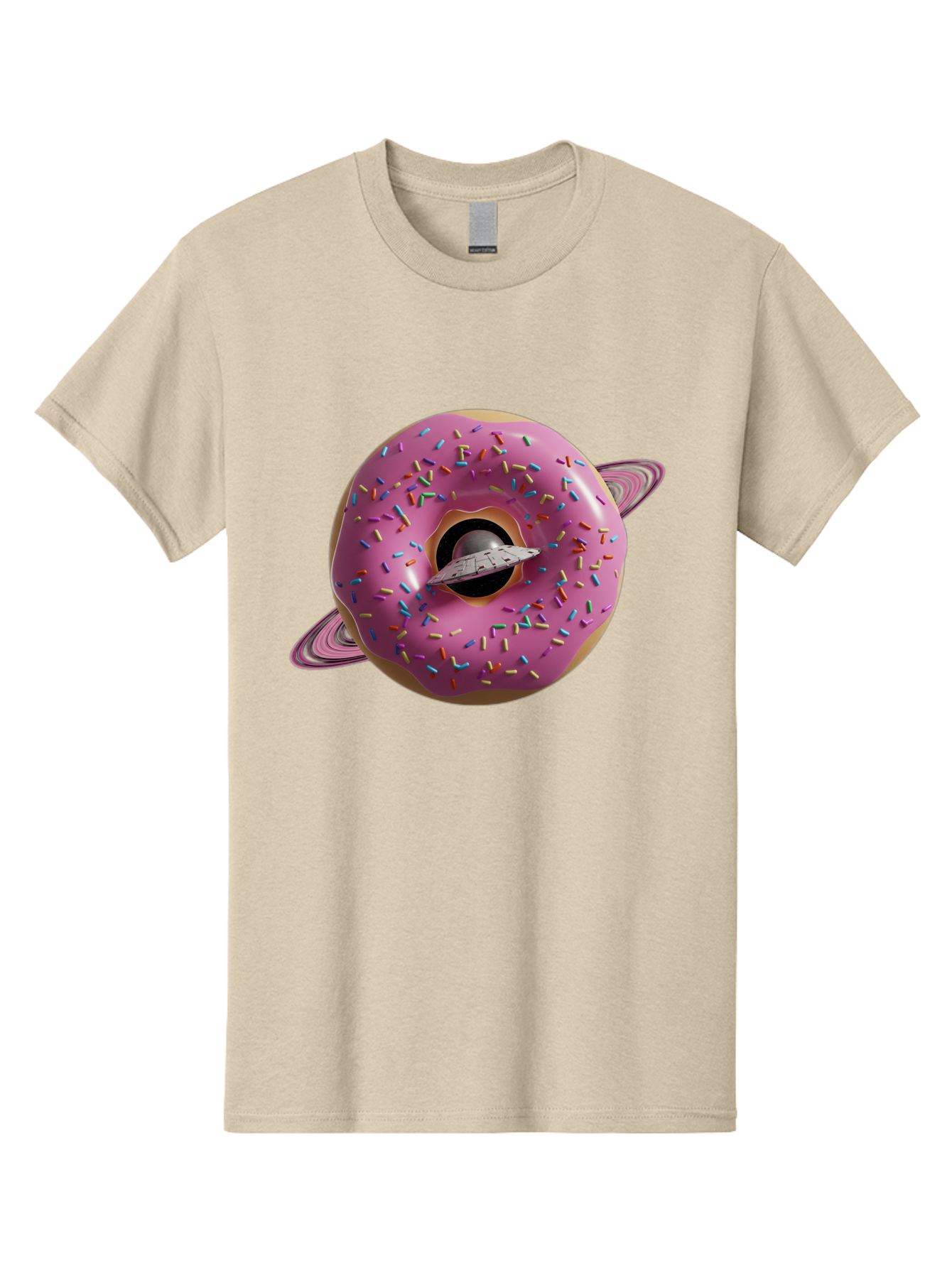 Flying-Saucer-Donut-Planet Men'S Graphic Tee, 100% Cotton, Comfortable Casual Summer Wear, Machine Washable, Pink Donut Planet, Donut With Sprinkles, Ufo Flying Through Donut, Pastel Colors, Pastel Donut, Sprinkles, Surreal Scene, Donut Hole, Bab913