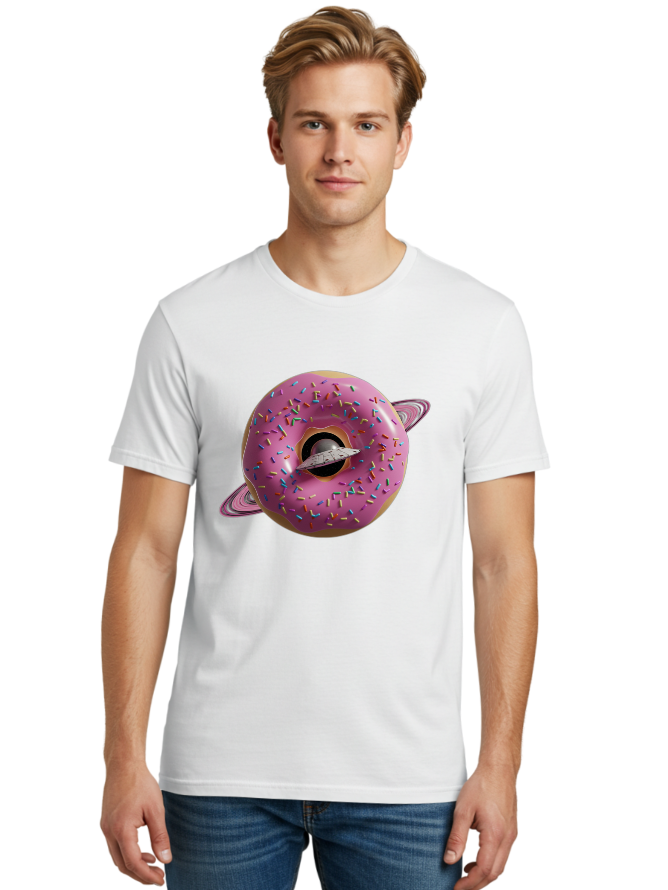 Flying-Saucer-Donut-Planet Men'S Graphic Tee, 100% Cotton, Comfortable Casual Summer Wear, Machine Washable, Pink Donut Planet, Donut With Sprinkles, Ufo Flying Through Donut, Pastel Colors, Pastel Donut, Sprinkles, Surreal Scene, Donut Hole, Bab913