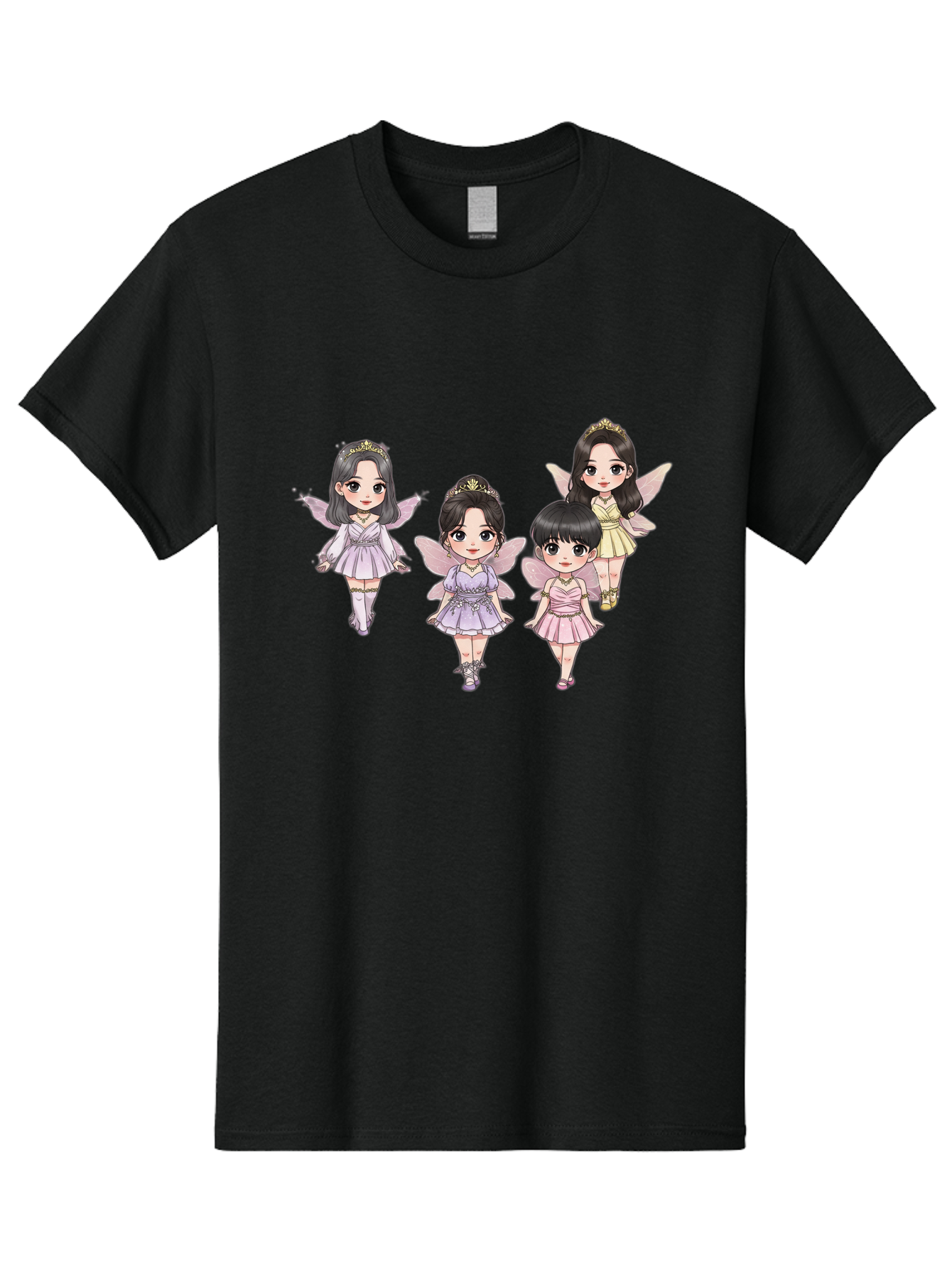 Four-Kawaii-Girls Men'S Graphic Tee, 100% Cotton, Comfortable Casual Summer Wear, Machine Washable, Cute Cartoon Characters, Fairy Illustrations, Pastel Colors, Whimsical Designs, Anime-Inspired Art, Delicate Wings, Princess Tiaras, Bab914