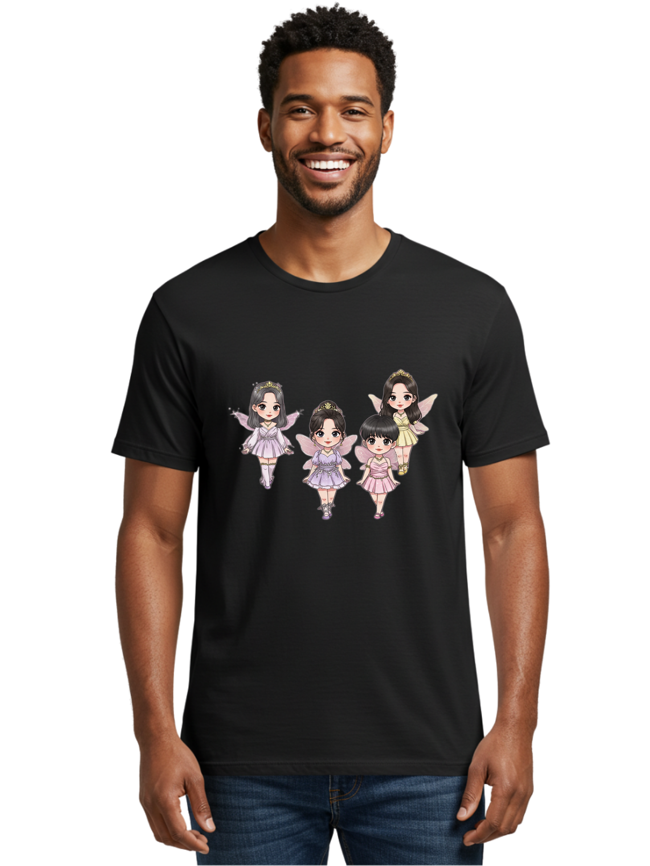 Four-Kawaii-Girls Men'S Graphic Tee, 100% Cotton, Comfortable Casual Summer Wear, Machine Washable, Cute Cartoon Characters, Fairy Illustrations, Pastel Colors, Whimsical Designs, Anime-Inspired Art, Delicate Wings, Princess Tiaras, Bab914