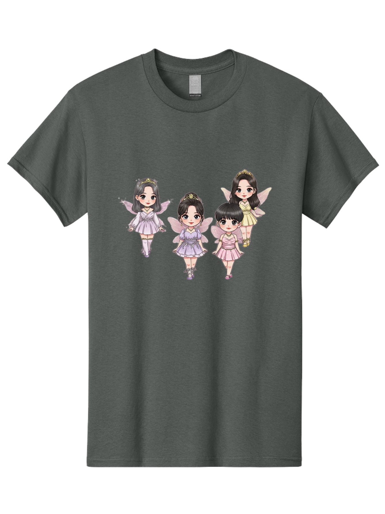 Four-Kawaii-Girls Men'S Graphic Tee, 100% Cotton, Comfortable Casual Summer Wear, Machine Washable, Cute Cartoon Characters, Fairy Illustrations, Pastel Colors, Whimsical Designs, Anime-Inspired Art, Delicate Wings, Princess Tiaras, Bab914