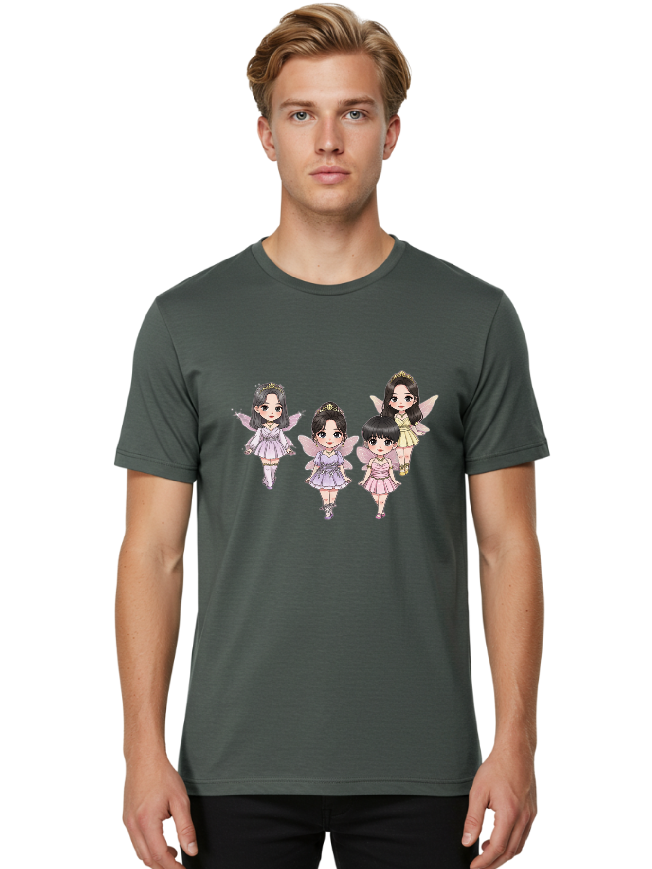 Four-Kawaii-Girls Men'S Graphic Tee, 100% Cotton, Comfortable Casual Summer Wear, Machine Washable, Cute Cartoon Characters, Fairy Illustrations, Pastel Colors, Whimsical Designs, Anime-Inspired Art, Delicate Wings, Princess Tiaras, Bab914