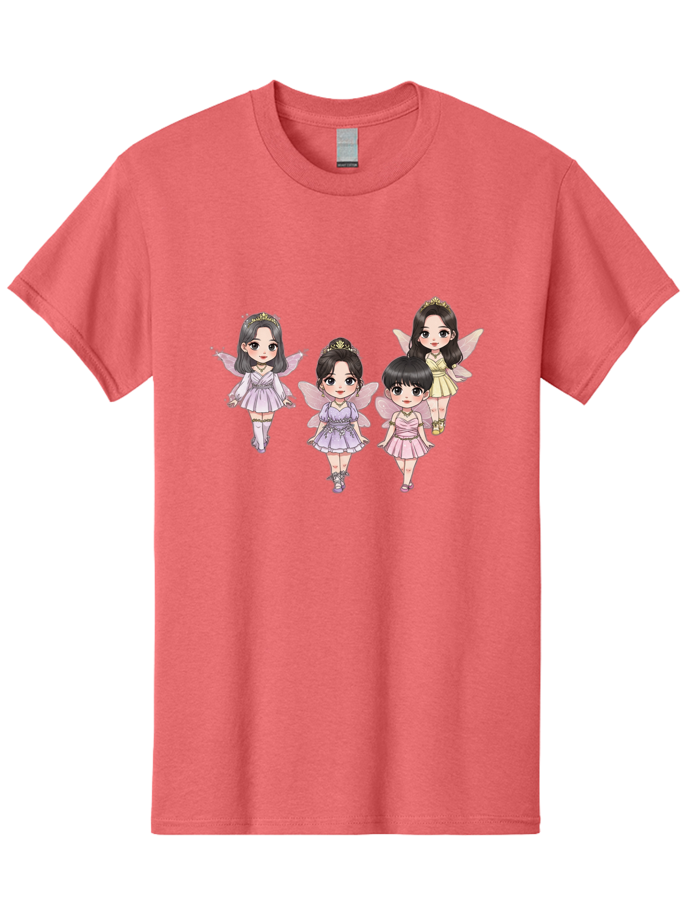 Four-Kawaii-Girls Men'S Graphic Tee, 100% Cotton, Comfortable Casual Summer Wear, Machine Washable, Cute Cartoon Characters, Fairy Illustrations, Pastel Colors, Whimsical Designs, Anime-Inspired Art, Delicate Wings, Princess Tiaras, Bab914