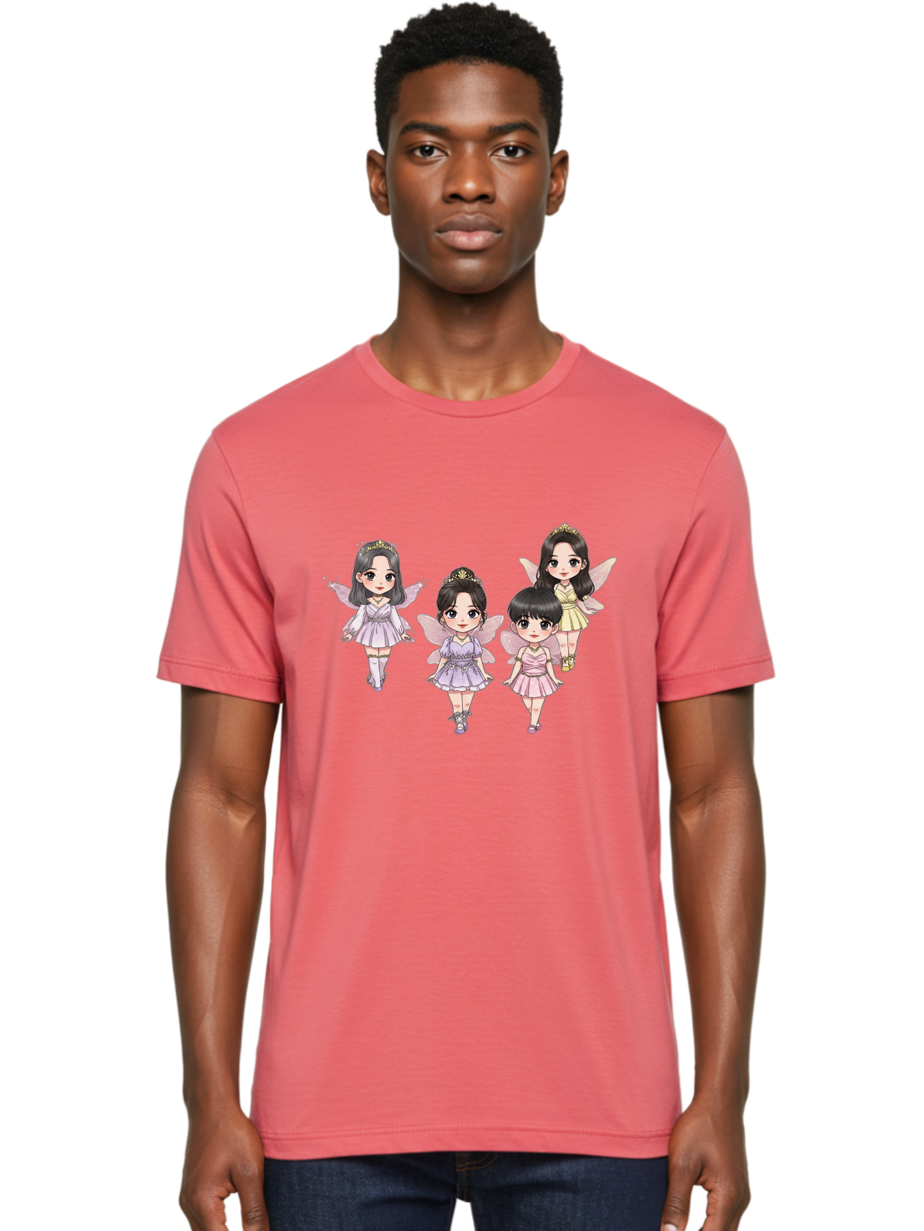 Four-Kawaii-Girls Men'S Graphic Tee, 100% Cotton, Comfortable Casual Summer Wear, Machine Washable, Cute Cartoon Characters, Fairy Illustrations, Pastel Colors, Whimsical Designs, Anime-Inspired Art, Delicate Wings, Princess Tiaras, Bab914
