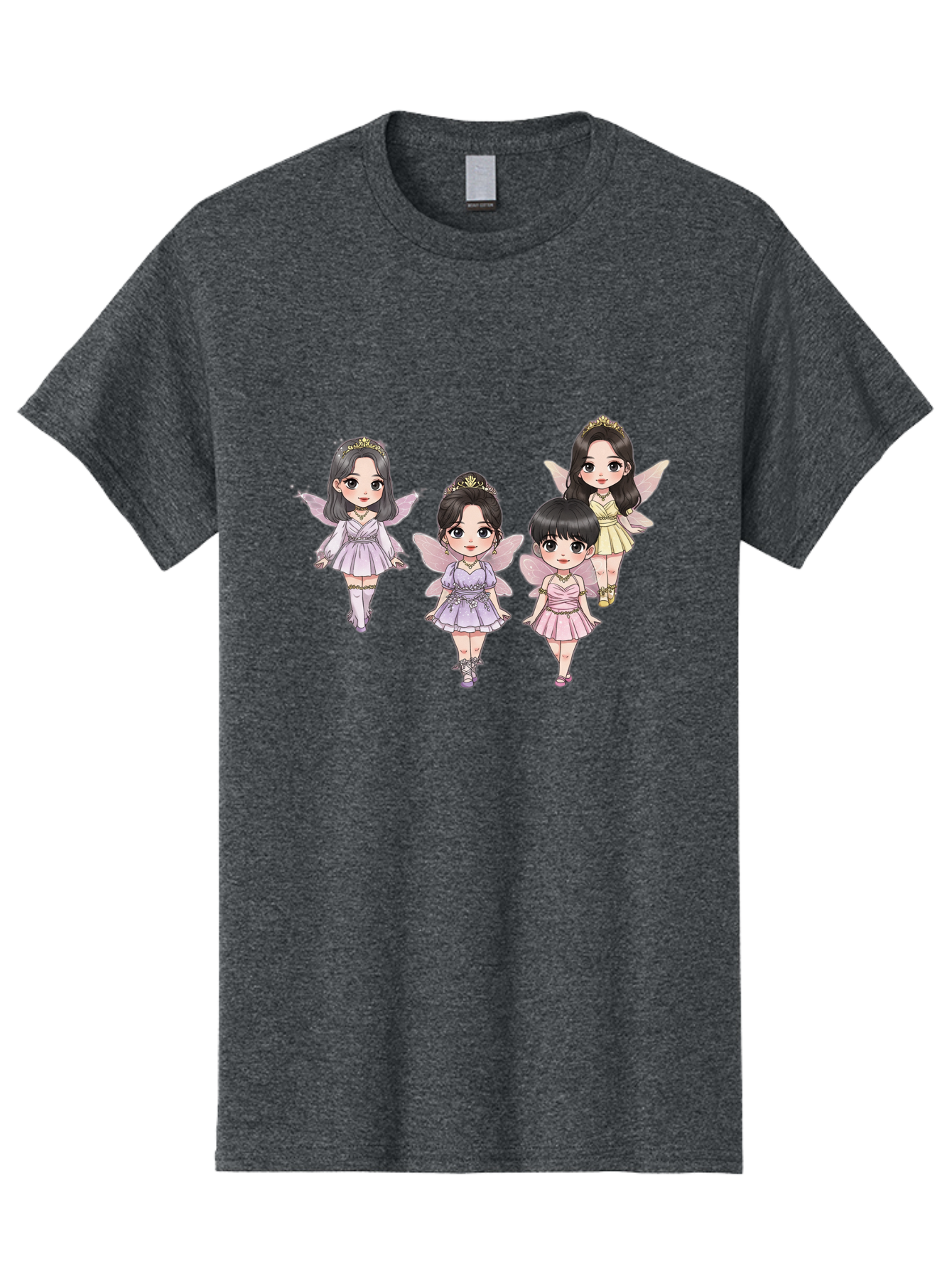 Four-Kawaii-Girls Men'S Graphic Tee, 100% Cotton, Comfortable Casual Summer Wear, Machine Washable, Cute Cartoon Characters, Fairy Illustrations, Pastel Colors, Whimsical Designs, Anime-Inspired Art, Delicate Wings, Princess Tiaras, Bab914