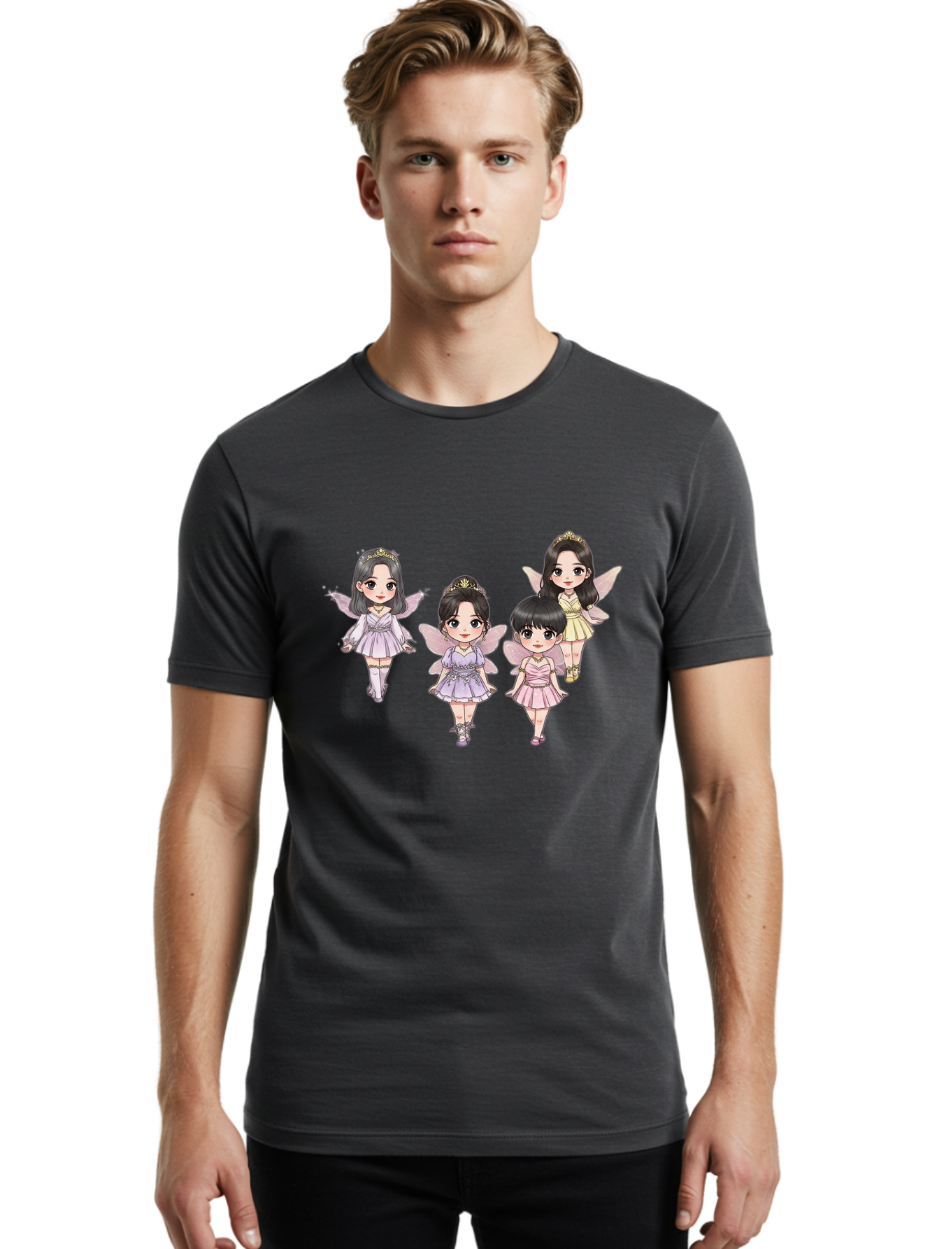 Four-Kawaii-Girls Men'S Graphic Tee, 100% Cotton, Comfortable Casual Summer Wear, Machine Washable, Cute Cartoon Characters, Fairy Illustrations, Pastel Colors, Whimsical Designs, Anime-Inspired Art, Delicate Wings, Princess Tiaras, Bab914